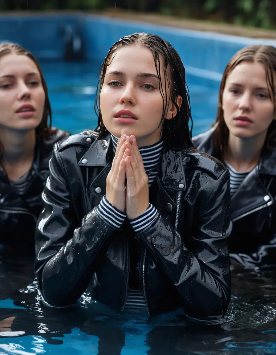 photo of young woman, in soaking wet, drenched clothes,
ankle boots , super skin tight denim jeans, slim fit black biker leatherjacket, tight striped knit turtleneck sweater, handbag , fifteen years old horny blonde teenage girl with girlfriend hold her hand over her mouth and nose lies completely submerged in pool partly underwater at party, completely wet from the rain, open mouth, big eyes, 
enjoying, wet clothes stuck to body,
detailed textures of the wet clothes, wet face, wet plastered hair,
wet, drenched, professional, high-quality details, full body view.
sharp focus, ultra-high pixel detail, realistic, high-quality, full colors, incredibly detailed, 4k, 8k, 16k, hyper-realistic, RAW photo, masterpiece, ultra-detailed, professionally color graded, professional photograph, fifteen years old, completely soaked, completely dripping wet, very wet clothes, sleek long straight hair, worried and embarrassed facial expression, slight yawn, all girls wear different styles of clothes, carrying a dripping wet smal handbag, a lot of people stands in the background, close-up, view from above, highly realistic representation, ultra sharp focus, highly photorealistic detailed facial features and expressions, highly photorealistic hands, highly best quality, highly sharp photorealistic image, highly photorealistic details, highest photorealistic wet clothes, full UHD resolution, highest photorealistic sharpness of the image, 32 K