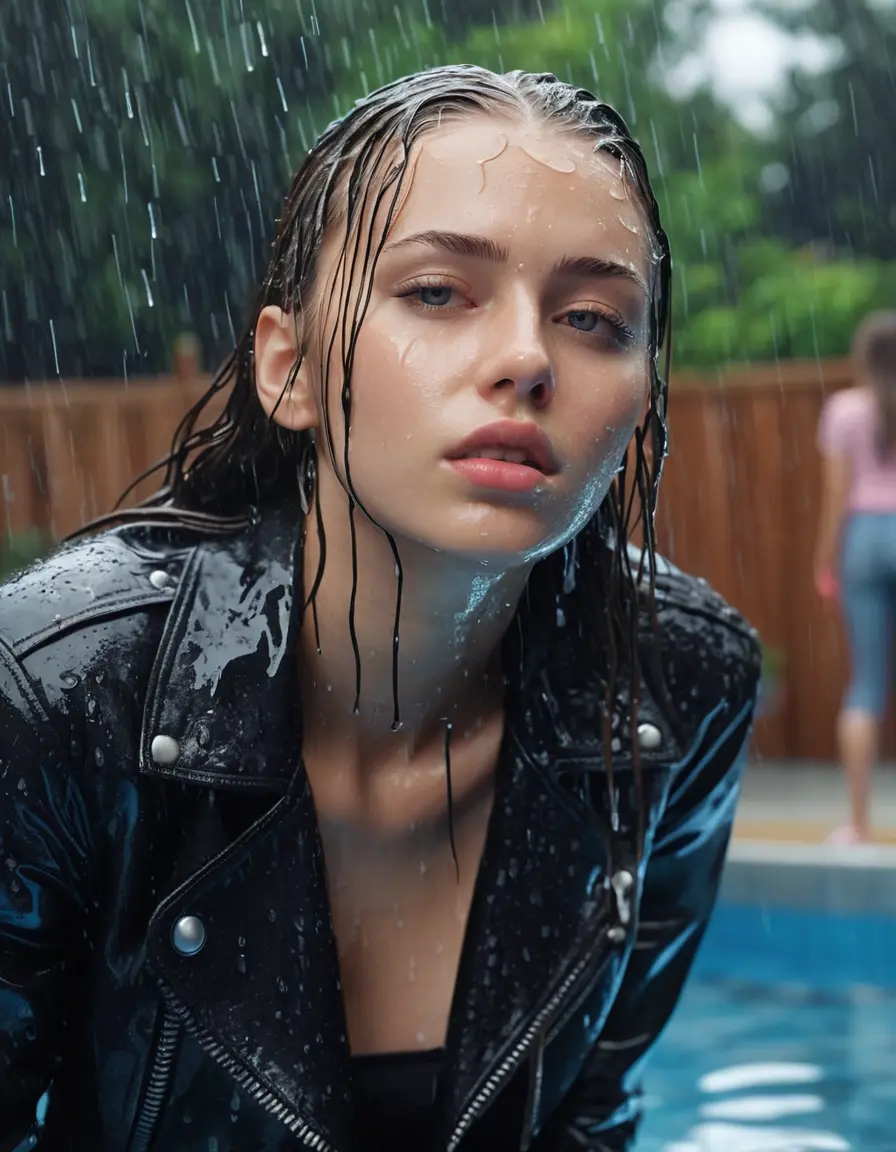 photo of young woman, in soaking wet, drenched clothes,
bare, super skin tight denim jeans, slim fit black biker leatherjacket, tight striped knit turtleneck sweater, handbag , fifteen years old horny blonde teenage girl with girlfriend hold her hand over her mouth and nose lies completely submerged in pool partly underwater at party, completely wet from the rain, open mouth, big eyes, 
enjoying, wet clothes stuck to body,
detailed textures of the wet clothes, wet face, wet plastered hair,
wet, drenched, professional, high-quality details, full body view.
sharp focus, ultra-high pixel detail, realistic, high-quality, full colors, incredibly detailed, 4k, 8k, 16k, hyper-realistic, RAW photo, masterpiece, ultra-detailed, professionally color graded, professional photograph, fifteen years old, completely soaked, completely dripping wet, sleek long straight hair, worried and embarrassed facial expression, slight yawn, all girls wear different styles of clothes, carrying a dripping wet smal handbag, a lot of people stands in the background, close-up, view from above, highly realistic representation, ultra sharp focus, highly photorealistic detailed facial features and expressions, highly photorealistic hands, highly best quality, highly sharp photorealistic image, highly photorealistic details, highest photorealistic wet clothes, full UHD resolution, highest photorealistic sharpness of the image, 32 K