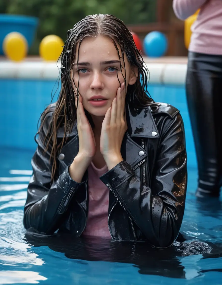 photo of young woman, in soaking wet, drenched clothes,
ankle boots , super skin tight denim jeans, slim fit black biker leatherjacket, tight light pink knit turtleneck sweater, handbag , fifteen years old horny blonde teenage girl with girlfriend hold her hand over her mouth and nose lies completely submerged in pool partly underwater up to the neck at party in a crowded waterpark, completely wet from the rain, open mouth, big eyes, 
enjoying, wet clothes stuck to body,
detailed textures of the wet clothes, wet face, wet plastered hair,
wet, drenched, professional, high-quality details, full body view.
sharp focus, ultra-high pixel detail, realistic, high-quality, full colors, incredibly detailed, 4k, 8k, 16k, hyper-realistic, RAW photo, masterpiece, ultra-detailed, professionally color graded, professional photograph, fifteen years old, completely soaked, completely dripping wet, very wet clothes, sleek long straight hair, fearful worried and embarrassed facial expression, slight yawn, all girls wear different styles of clothes, carrying a dripping wet smal handbag, a lot of people stands in the background, close-up, view from above, highly realistic representation, ultra sharp focus, highly photorealistic detailed facial features and expressions, highly photorealistic hands, highly best quality, highly sharp photorealistic image, highly photorealistic details, highest photorealistic wet clothes, full UHD resolution, highest photorealistic sharpness of the image, 32 K