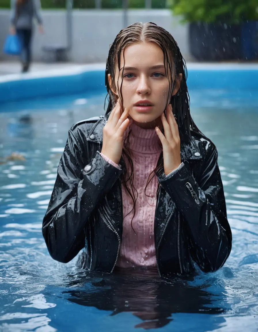 photo of young woman, in soaking wet, drenched clothes,
ankle boots , super skin tight denim jeans, slim fit black biker leatherjacket, tight light pink knit turtleneck sweater, handbag , fifteen years old horny blonde teenage girl with girlfriend hold her hand over her mouth and nose lies completely submerged in pool partly underwater up to the neck at party in a crowded waterpark, completely wet from the rain, open mouth, big eyes, 
enjoying, wet clothes stuck to body,
detailed textures of the wet clothes, wet face, wet plastered hair,
wet, drenched, professional, high-quality details, full body view.
sharp focus, ultra-high pixel detail, realistic, high-quality, full colors, incredibly detailed, 4k, 8k, 16k, hyper-realistic, RAW photo, masterpiece, ultra-detailed, professionally color graded, professional photograph, fifteen years old, completely soaked, completely dripping wet, very wet clothes, sleek long straight hair, fearful worried and embarrassed facial expression, slight yawn, all girls wear different styles of clothes, carrying a dripping wet smal handbag, a lot of people stands in the background, close-up, view from above, highly realistic representation, ultra sharp focus, highly photorealistic detailed facial features and expressions, highly photorealistic hands, highly best quality, highly sharp photorealistic image, highly photorealistic details, highest photorealistic wet clothes, full UHD resolution, highest photorealistic sharpness of the image, 32 K