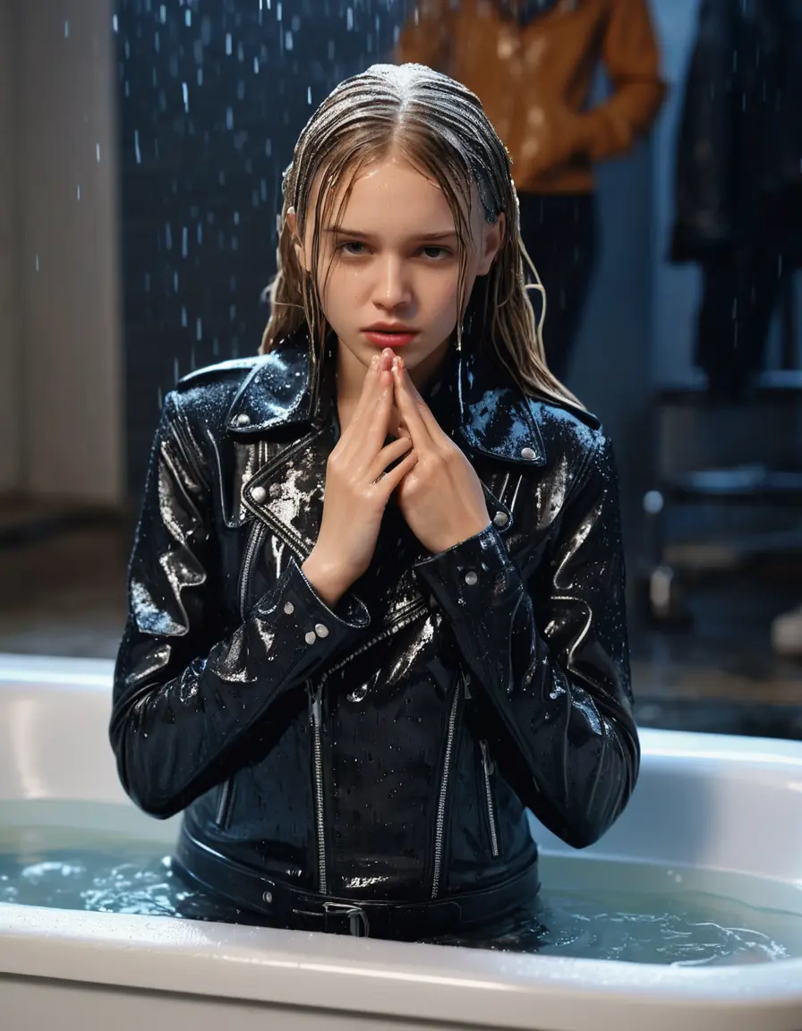 photo of young woman, in soaking wet, drenched clothes,
bare, super skin tight denim jeans, slim fit black biker leatherjacket, tight striped knit turtleneck sweater, handbag , fifteen years old horny blonde teenage girl with girlfriend hold her hand over her mouth and nose lies completely submerged in bathtube after party, completely wet from the rain, open mouth, big eyes, 
enjoying, wet clothes stuck to body,
detailed textures of the wet clothes, wet face, wet plastered hair,
wet, drenched, professional, high-quality details, full body view.
sharp focus, ultra-high pixel detail, realistic, high-quality, full colors, incredibly detailed, 4k, 8k, 16k, hyper-realistic, RAW photo, masterpiece, ultra-detailed, professionally color graded, professional photograph, fifteen years old, completely soaked, completely dripping wet, sleek long straight hair, worried and embarrassed facial expression, slight yawn, all girls wear different styles of clothes, carrying a dripping wet smal handbag, a lot of people stands in the background, close-up, view from above, highly realistic representation, ultra sharp focus, highly photorealistic detailed facial features and expressions, highly photorealistic hands, highly best quality, highly sharp photorealistic image, highly photorealistic details, highest photorealistic wet clothes, full UHD resolution, highest photorealistic sharpness of the image, 32 K