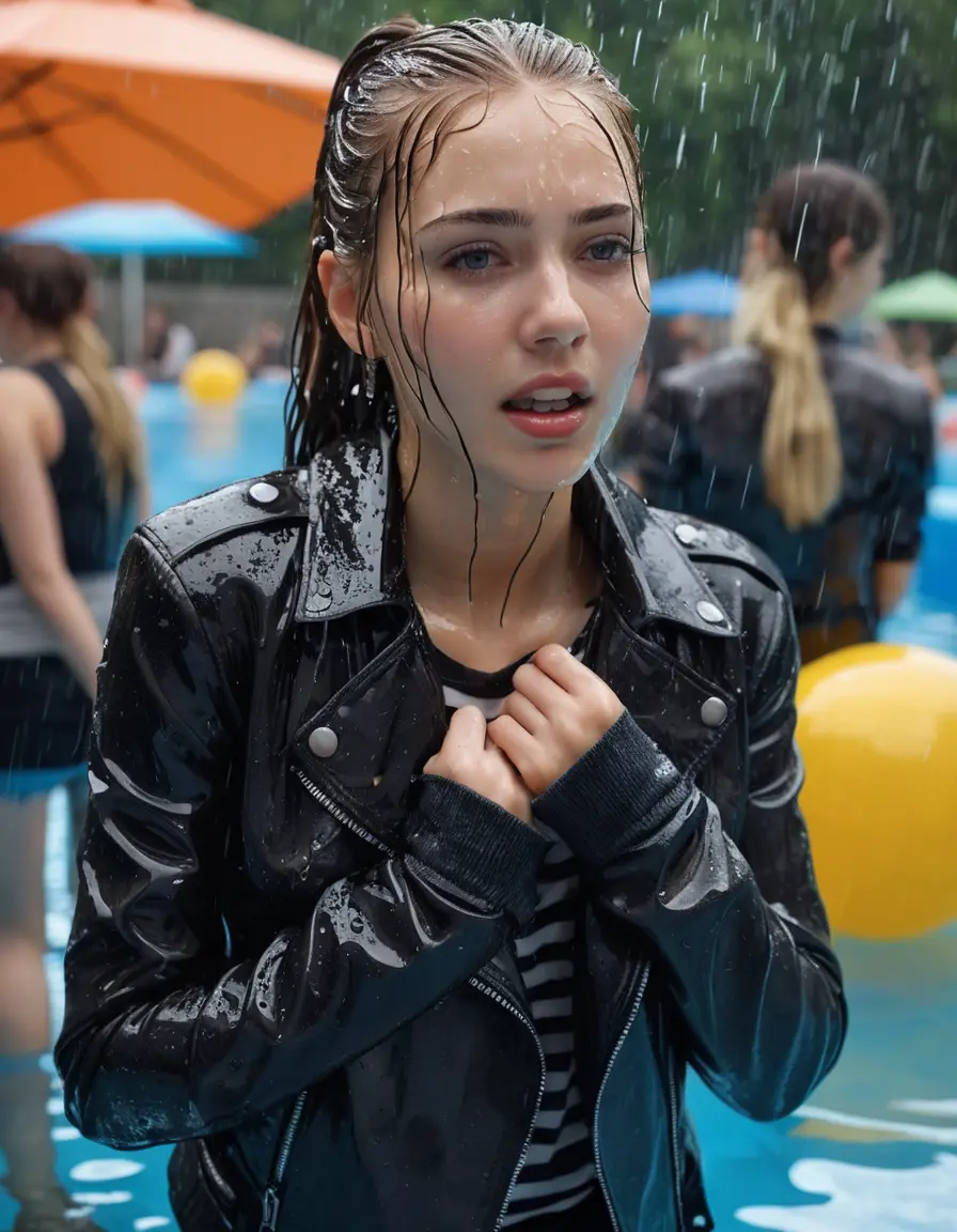 photo of young woman, in soaking wet, drenched clothes,
ankle boots , super skin tight denim jeans, slim fit black biker leatherjacket, tight striped knit turtleneck sweater, handbag , fifteen years old horny blonde teenage girl with girlfriend hold her hand over her mouth and nose lies completely submerged in pool underwater up to her head at party in a crowded waterpark, completely wet from the rain, open mouth, big eyes, 
enjoying, wet clothes stuck to body,
detailed textures of the wet clothes, wet face, wet plastered hair,
wet, drenched, professional, high-quality details, full body view.
sharp focus, ultra-high pixel detail, realistic, high-quality, full colors, incredibly detailed, 4k, 8k, 16k, hyper-realistic, RAW photo, masterpiece, ultra-detailed, professionally color graded, professional photograph, fifteen years old, completely soaked, completely dripping wet, very wet clothes, sleek long straight hair, sleek ponytail, embarrassed facial expression, slight yawn, all girls wear different styles of clothes, carrying a dripping wet smal handbag, a lot of people stands in the background, close-up, view from above, highly realistic representation, ultra sharp focus, highly photorealistic detailed facial features and expressions, highly photorealistic hands, highly best quality, highly sharp photorealistic image, highly photorealistic details, highest photorealistic wet clothes, full UHD resolution, highest photorealistic sharpness of the image, 32 K