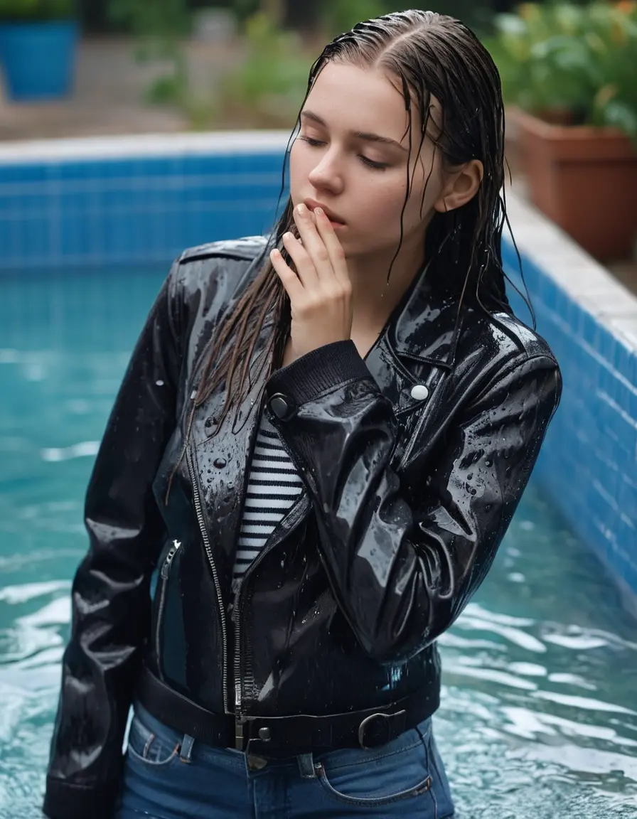 photo of young woman, in soaking wet, drenched clothes,
bare, super skin tight denim jeans, slim fit black biker leatherjacket, tight striped knit turtleneck sweater, handbag , fifteen years old horny blonde teenage girl with girlfriend hold her hand over her mouth and nose lies completely submerged in pool at party, completely wet from the rain, open mouth, big eyes, 
enjoying, wet clothes stuck to body,
detailed textures of the wet clothes, wet face, wet plastered hair,
wet, drenched, professional, high-quality details, full body view.
sharp focus, ultra-high pixel detail, realistic, high-quality, full colors, incredibly detailed, 4k, 8k, 16k, hyper-realistic, RAW photo, masterpiece, ultra-detailed, professionally color graded, professional photograph, fifteen years old, completely soaked, completely dripping wet, sleek long straight hair, worried and embarrassed facial expression, slight yawn, all girls wear different styles of clothes, carrying a dripping wet smal handbag, a lot of people stands in the background, close-up, view from above, highly realistic representation, ultra sharp focus, highly photorealistic detailed facial features and expressions, highly photorealistic hands, highly best quality, highly sharp photorealistic image, highly photorealistic details, highest photorealistic wet clothes, full UHD resolution, highest photorealistic sharpness of the image, 32 K
