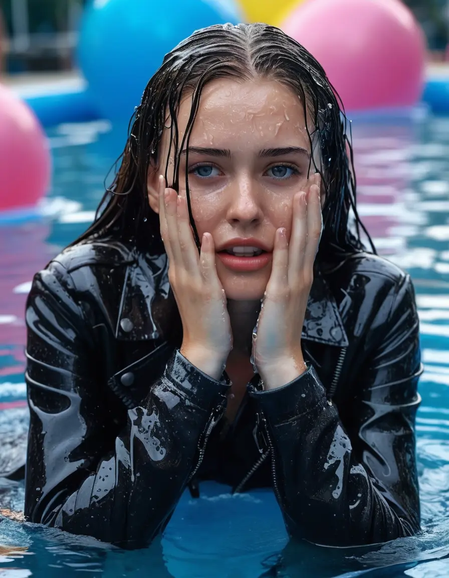 photo of young woman, in soaking wet, drenched clothes,
ankle boots , super skin tight denim jeans, slim fit black biker leatherjacket, tight light pink knit turtleneck sweater, handbag , fifteen years old horny blonde teenage girl with girlfriend hold her hand over her mouth and nose lies completely submerged in pool partly underwater up to the neck at party in a crowded waterpark, completely wet from the rain, open mouth, big eyes, 
enjoying, wet clothes stuck to body,
detailed textures of the wet clothes, wet face, wet plastered hair,
wet, drenched, professional, high-quality details, full body view.
sharp focus, ultra-high pixel detail, realistic, high-quality, full colors, incredibly detailed, 4k, 8k, 16k, hyper-realistic, RAW photo, masterpiece, ultra-detailed, professionally color graded, professional photograph, fifteen years old, completely soaked, completely dripping wet, very wet clothes, sleek long straight hair, worried and embarrassed facial expression, slight yawn, all girls wear different styles of clothes, carrying a dripping wet smal handbag, a lot of people stands in the background, close-up, view from above, highly realistic representation, ultra sharp focus, highly photorealistic detailed facial features and expressions, highly photorealistic hands, highly best quality, highly sharp photorealistic image, highly photorealistic details, highest photorealistic wet clothes, full UHD resolution, highest photorealistic sharpness of the image, 32 K