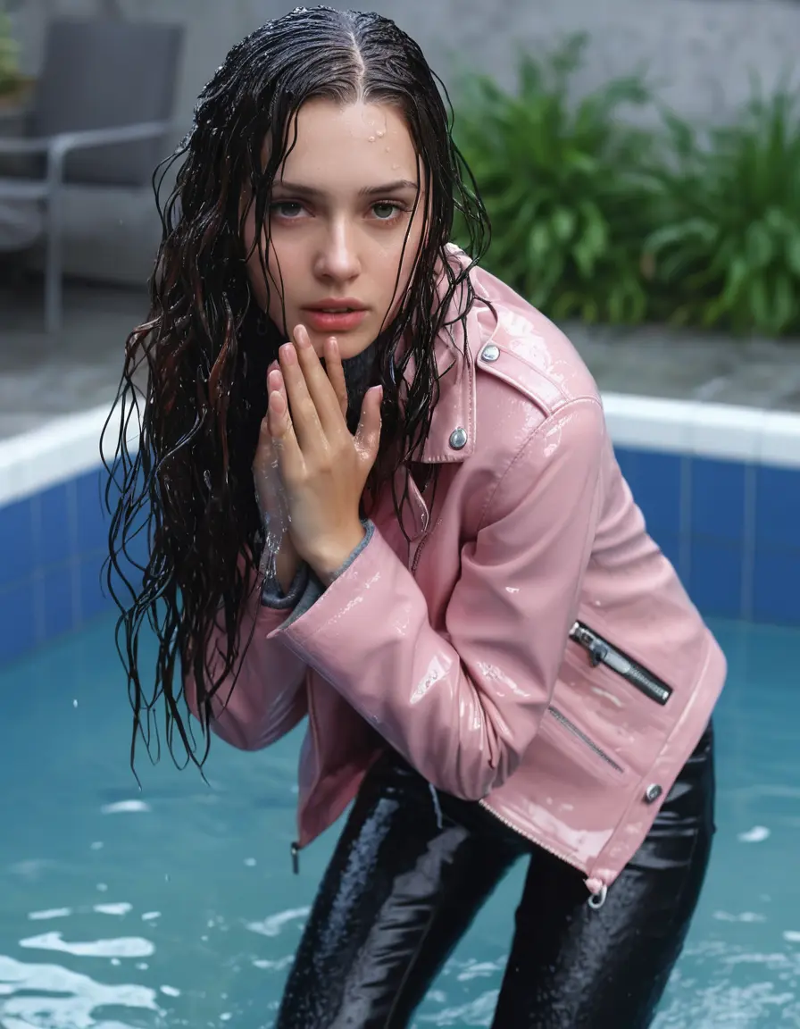 photo of young woman, in soaking wet, drenched clothes,
ankle boots , super skin tight denim jeans, slim fit black biker leatherjacket, tight light pink knit turtleneck sweater, handbag , fifteen years old horny brunette teenage girl with girlfriend hold her hand over her mouth and nose lies completely submerged in pool partly underwater at party, completely wet from the rain, open mouth, big eyes, 
enjoying, wet clothes stuck to body,
detailed textures of the wet clothes, wet face, wet plastered hair,
wet, drenched, professional, high-quality details, full body view.
sharp focus, ultra-high pixel detail, realistic, high-quality, full colors, incredibly detailed, 4k, 8k, 16k, hyper-realistic, RAW photo, masterpiece, ultra-detailed, professionally color graded, professional photograph, fifteen years old, completely soaked, completely dripping wet, very wet clothes, sleek long straight hair, worried and embarrassed facial expression, slight yawn, all girls wear different styles of clothes, carrying a dripping wet smal handbag, a lot of people stands in the background, close-up, view from above, highly realistic representation, ultra sharp focus, highly photorealistic detailed facial features and expressions, highly photorealistic hands, highly best quality, highly sharp photorealistic image, highly photorealistic details, highest photorealistic wet clothes, full UHD resolution, highest photorealistic sharpness of the image, 32 K