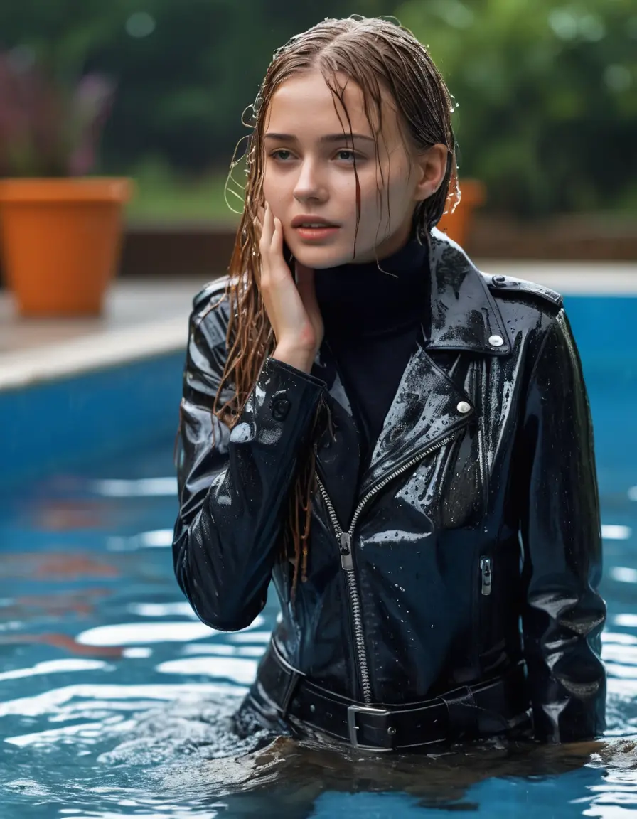 photo of young woman, in soaking wet, drenched clothes,
ankle boots , super skin tight denim jeans, slim fit black biker leatherjacket, tight striped knit turtleneck sweater, handbag , fifteen years old horny blonde teenage girl with girlfriend hold her hand over her mouth and nose lies completely submerged in pool partly underwater up to the neck at party in a crowded waterpark, completely wet from the rain, open mouth, big eyes, 
enjoying, wet clothes stuck to body,
detailed textures of the wet clothes, wet face, wet plastered hair,
wet, drenched, professional, high-quality details, full body view.
sharp focus, ultra-high pixel detail, realistic, high-quality, full colors, incredibly detailed, 4k, 8k, 16k, hyper-realistic, RAW photo, masterpiece, ultra-detailed, professionally color graded, professional photograph, fifteen years old, completely soaked, completely dripping wet, very wet clothes, sleek long straight hair, excited worried and embarrassed facial expression, slight yawn, all girls wear different styles of clothes, carrying a dripping wet smal handbag, a lot of people stands in the background, close-up, view from above, highly realistic representation, ultra sharp focus, highly photorealistic detailed facial features and expressions, highly photorealistic hands, highly best quality, highly sharp photorealistic image, highly photorealistic details, highest photorealistic wet clothes, full UHD resolution, highest photorealistic sharpness of the image, 32 K