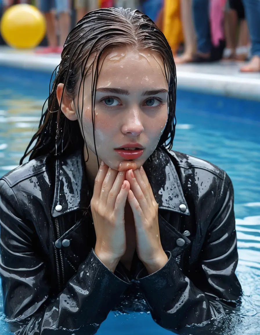 photo of young woman, in soaking wet, drenched clothes,
ankle boots , super skin tight denim jeans, slim fit black biker leatherjacket, tight light pink knit turtleneck sweater, handbag , fifteen years old horny brunette teenage girl with girlfriend hold her hand over her mouth and nose lies completely submerged in pool partly underwater up to the neck at party in a crowded waterpark, completely wet from the rain, open mouth, big eyes, 
enjoying, wet clothes stuck to body,
detailed textures of the wet clothes, wet face, wet plastered hair,
wet, drenched, professional, high-quality details, full body view.
sharp focus, ultra-high pixel detail, realistic, high-quality, full colors, incredibly detailed, 4k, 8k, 16k, hyper-realistic, RAW photo, masterpiece, ultra-detailed, professionally color graded, professional photograph, fifteen years old, completely soaked, completely dripping wet, very wet clothes, sleek long straight hair, worried and embarrassed facial expression, slight yawn, all girls wear different styles of clothes, carrying a dripping wet smal handbag, a lot of people stands in the background, close-up, view from above, highly realistic representation, ultra sharp focus, highly photorealistic detailed facial features and expressions, highly photorealistic hands, highly best quality, highly sharp photorealistic image, highly photorealistic details, highest photorealistic wet clothes, full UHD resolution, highest photorealistic sharpness of the image, 32 K