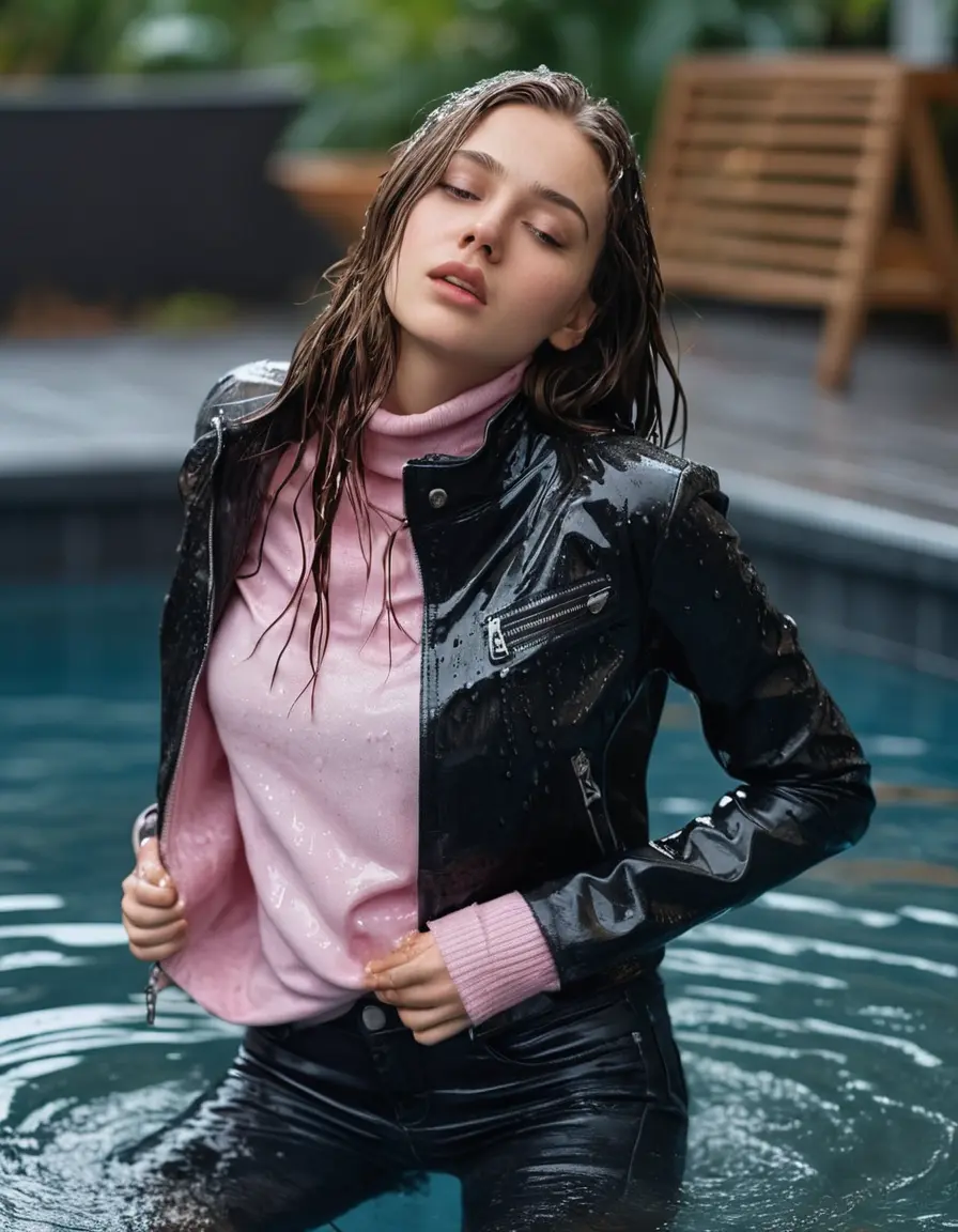 photo of young woman, in soaking wet, drenched clothes,
ankle boots , super skin tight denim jeans, slim fit black biker leatherjacket, tight light pink knit turtleneck sweater, handbag , fifteen years old horny brunette teenage girl with girlfriend hold her hand over her mouth and nose lies completely submerged in pool partly underwater up to the neck at party, completely wet from the rain, open mouth, big eyes, 
enjoying, wet clothes stuck to body,
detailed textures of the wet clothes, wet face, wet plastered hair,
wet, drenched, professional, high-quality details, full body view.
sharp focus, ultra-high pixel detail, realistic, high-quality, full colors, incredibly detailed, 4k, 8k, 16k, hyper-realistic, RAW photo, masterpiece, ultra-detailed, professionally color graded, professional photograph, fifteen years old, completely soaked, completely dripping wet, very wet clothes, sleek long straight hair, worried and embarrassed facial expression, slight yawn, all girls wear different styles of clothes, carrying a dripping wet smal handbag, a lot of people stands in the background, close-up, view from above, highly realistic representation, ultra sharp focus, highly photorealistic detailed facial features and expressions, highly photorealistic hands, highly best quality, highly sharp photorealistic image, highly photorealistic details, highest photorealistic wet clothes, full UHD resolution, highest photorealistic sharpness of the image, 32 K