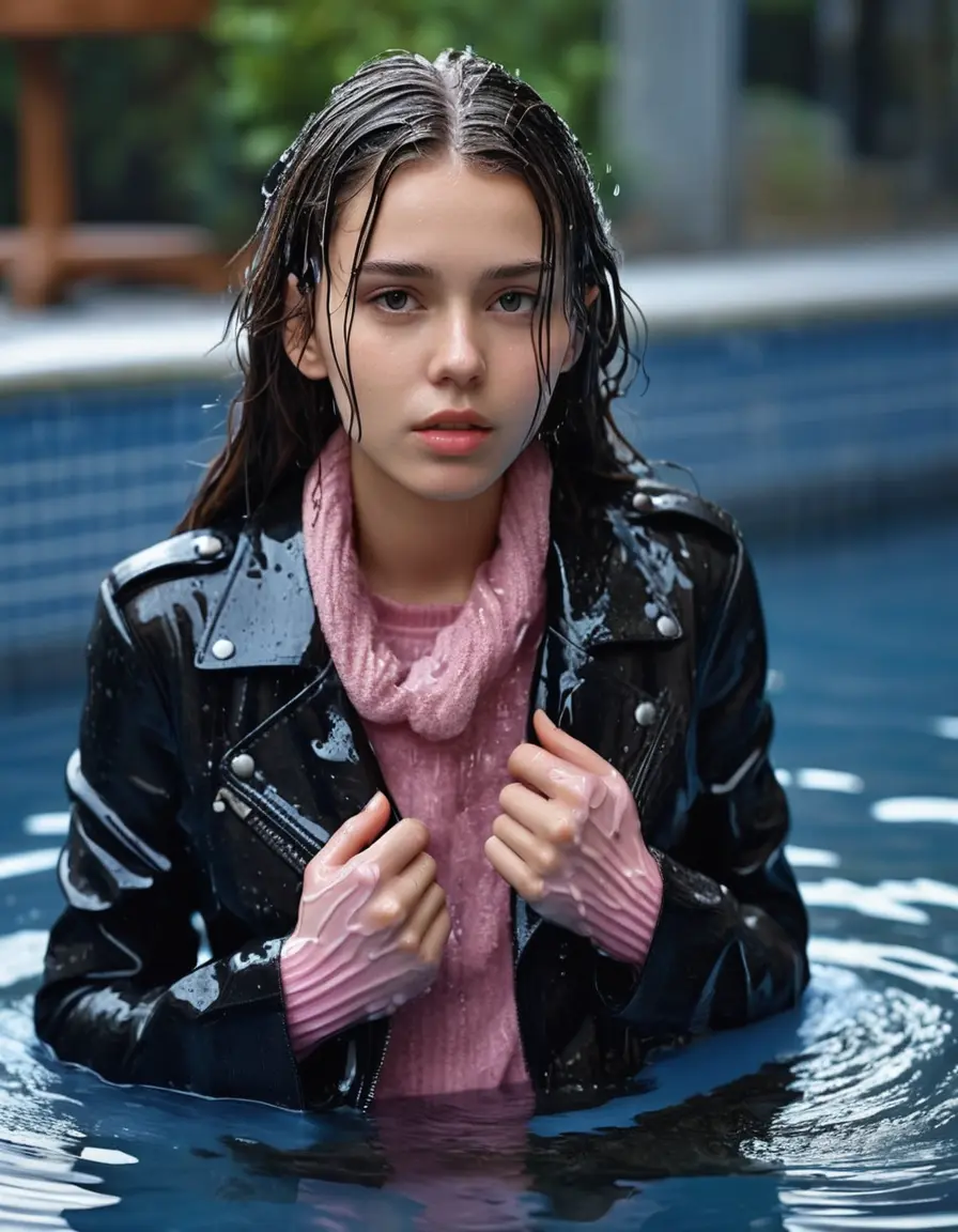photo of young woman, in soaking wet, drenched clothes,
ankle boots , super skin tight denim jeans, slim fit black biker leatherjacket, tight light pink knit turtleneck sweater, handbag , fifteen years old horny brunette teenage girl with girlfriend hold her hand over her mouth and nose lies completely submerged in pool partly underwater at party, completely wet from the rain, open mouth, big eyes, 
enjoying, wet clothes stuck to body,
detailed textures of the wet clothes, wet face, wet plastered hair,
wet, drenched, professional, high-quality details, full body view.
sharp focus, ultra-high pixel detail, realistic, high-quality, full colors, incredibly detailed, 4k, 8k, 16k, hyper-realistic, RAW photo, masterpiece, ultra-detailed, professionally color graded, professional photograph, fifteen years old, completely soaked, completely dripping wet, very wet clothes, sleek long straight hair, worried and embarrassed facial expression, slight yawn, all girls wear different styles of clothes, carrying a dripping wet smal handbag, a lot of people stands in the background, close-up, view from above, highly realistic representation, ultra sharp focus, highly photorealistic detailed facial features and expressions, highly photorealistic hands, highly best quality, highly sharp photorealistic image, highly photorealistic details, highest photorealistic wet clothes, full UHD resolution, highest photorealistic sharpness of the image, 32 K