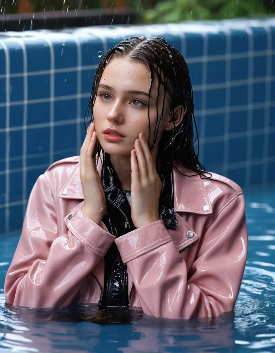 photo of young woman, in soaking wet, drenched clothes,
ankle boots , super skin tight denim jeans, slim fit black biker leatherjacket, tight light pink knit turtleneck sweater, handbag , fifteen years old horny brunette teenage girl with girlfriend hold her hand over her mouth and nose lies completely submerged in pool partly underwater up to the neck at party, completely wet from the rain, open mouth, big eyes, 
enjoying, wet clothes stuck to body,
detailed textures of the wet clothes, wet face, wet plastered hair,
wet, drenched, professional, high-quality details, full body view.
sharp focus, ultra-high pixel detail, realistic, high-quality, full colors, incredibly detailed, 4k, 8k, 16k, hyper-realistic, RAW photo, masterpiece, ultra-detailed, professionally color graded, professional photograph, fifteen years old, completely soaked, completely dripping wet, very wet clothes, sleek long straight hair, worried and embarrassed facial expression, slight yawn, all girls wear different styles of clothes, carrying a dripping wet smal handbag, a lot of people stands in the background, close-up, view from above, highly realistic representation, ultra sharp focus, highly photorealistic detailed facial features and expressions, highly photorealistic hands, highly best quality, highly sharp photorealistic image, highly photorealistic details, highest photorealistic wet clothes, full UHD resolution, highest photorealistic sharpness of the image, 32 K