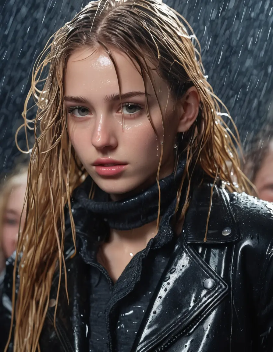 photo of young woman, in soaking wet, drenched clothes,
bare, super skin tight denim jeans, slim fit black biker leatherjacket, tight striped knit turtleneck sweater, handbag , fifteen years old horny blonde teenage girl with girlfriend hold her hand over her mouth and nose lies completely submerged in bathtube after party, completely wet from the rain, open mouth, big eyes, 
enjoying, wet clothes stuck to body,
detailed textures of the wet clothes, wet face, wet plastered hair,
wet, drenched, professional, high-quality details, full body view.
sharp focus, ultra-high pixel detail, realistic, high-quality, full colors, incredibly detailed, 4k, 8k, 16k, hyper-realistic, RAW photo, masterpiece, ultra-detailed, professionally color graded, professional photograph, fifteen years old, completely soaked, completely dripping wet, sleek long straight hair, worried and embarrassed facial expression, slight yawn, all girls wear different styles of clothes, carrying a dripping wet smal handbag, a lot of people stands in the background, close-up, view from above, highly realistic representation, ultra sharp focus, highly photorealistic detailed facial features and expressions, highly photorealistic hands, highly best quality, highly sharp photorealistic image, highly photorealistic details, highest photorealistic wet clothes, full UHD resolution, highest photorealistic sharpness of the image, 32 K