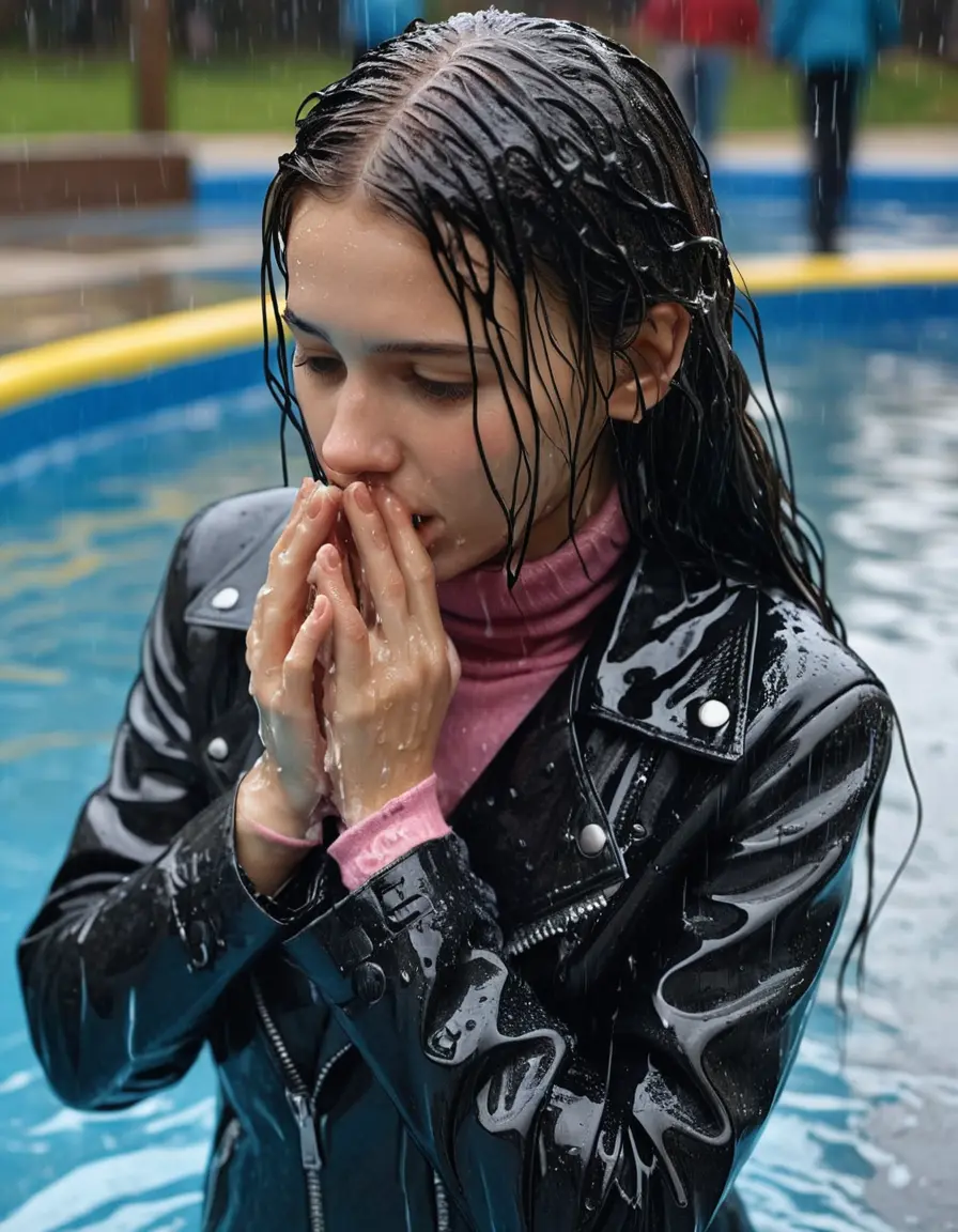 photo of young woman, in soaking wet, drenched clothes,
ankle boots , super skin tight denim jeans, slim fit black biker leatherjacket, tight light pink knit turtleneck sweater, handbag , fifteen years old horny brunette teenage girl with girlfriend hold her hand over her mouth and nose lies completely submerged in pool partly underwater up to the neck at party in a crowded waterpark, completely wet from the rain, open mouth, big eyes, 
enjoying, wet clothes stuck to body,
detailed textures of the wet clothes, wet face, wet plastered hair,
wet, drenched, professional, high-quality details, full body view.
sharp focus, ultra-high pixel detail, realistic, high-quality, full colors, incredibly detailed, 4k, 8k, 16k, hyper-realistic, RAW photo, masterpiece, ultra-detailed, professionally color graded, professional photograph, fifteen years old, completely soaked, completely dripping wet, very wet clothes, sleek long straight hair, worried and embarrassed facial expression, slight yawn, all girls wear different styles of clothes, carrying a dripping wet smal handbag, a lot of people stands in the background, close-up, view from above, highly realistic representation, ultra sharp focus, highly photorealistic detailed facial features and expressions, highly photorealistic hands, highly best quality, highly sharp photorealistic image, highly photorealistic details, highest photorealistic wet clothes, full UHD resolution, highest photorealistic sharpness of the image, 32 K