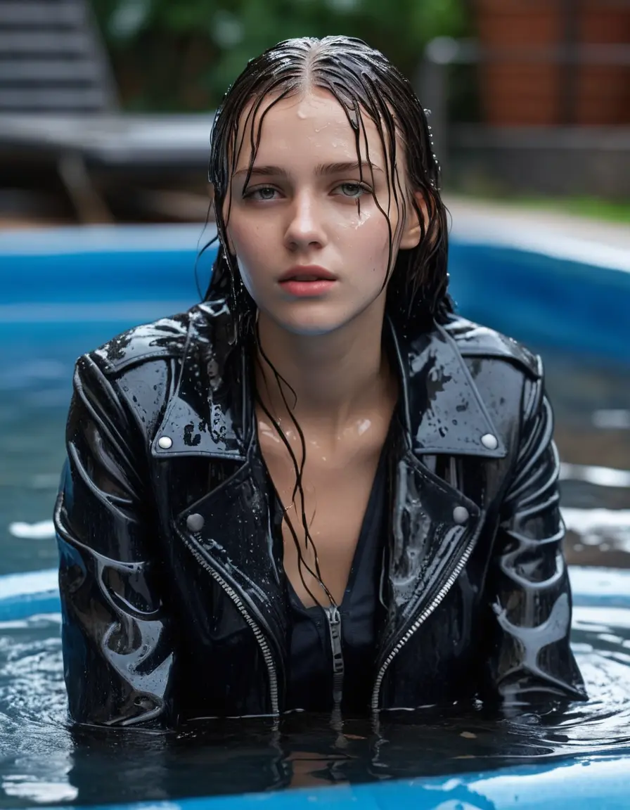 photo of young woman, in soaking wet, drenched clothes,
ankle boots , super skin tight denim jeans, slim fit black biker leatherjacket, tight striped knit turtleneck sweater, handbag , fifteen years old horny blonde teenage girl with girlfriend hold her hand over her mouth and nose lies completely submerged in pool partly underwater at party, completely wet from the rain, open mouth, big eyes, 
enjoying, wet clothes stuck to body,
detailed textures of the wet clothes, wet face, wet plastered hair,
wet, drenched, professional, high-quality details, full body view.
sharp focus, ultra-high pixel detail, realistic, high-quality, full colors, incredibly detailed, 4k, 8k, 16k, hyper-realistic, RAW photo, masterpiece, ultra-detailed, professionally color graded, professional photograph, fifteen years old, completely soaked, completely dripping wet, very wet clothes, sleek long straight hair, worried and embarrassed facial expression, slight yawn, all girls wear different styles of clothes, carrying a dripping wet smal handbag, a lot of people stands in the background, close-up, view from above, highly realistic representation, ultra sharp focus, highly photorealistic detailed facial features and expressions, highly photorealistic hands, highly best quality, highly sharp photorealistic image, highly photorealistic details, highest photorealistic wet clothes, full UHD resolution, highest photorealistic sharpness of the image, 32 K