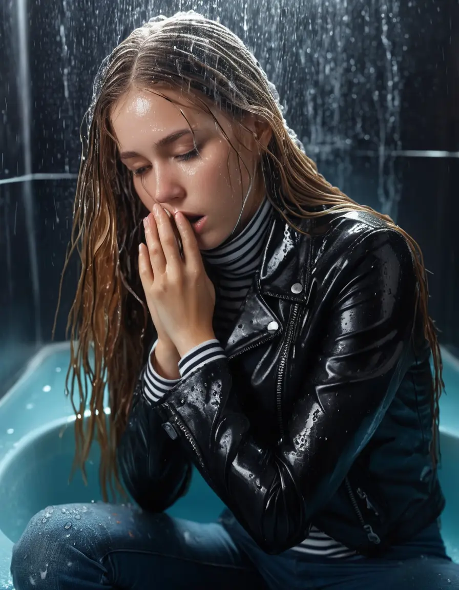 photo of young woman, in soaking wet, drenched clothes,
bare, super skin tight denim jeans, slim fit black biker leatherjacket, tight striped knit turtleneck sweater, handbag , fifteen years old horny blonde teenage girl with girlfriend hold her hand over her mouth and nose lies completely submerged in bathtube at night, ambiente light, open mouth, big eyes, 
enjoying, wet clothes stuck to body,
detailed textures of the wet clothes, wet face, wet plastered hair,
wet, drenched, professional, high-quality details, full body view.
sharp focus, ultra-high pixel detail, realistic, high-quality, full colors, incredibly detailed, 4k, 8k, 16k, hyper-realistic, RAW photo, masterpiece, ultra-detailed, professionally color graded, professional photograph, fifteen years old, completely soaked, completely dripping wet, sleek long straight hair, worried and embarrassed facial expression, slight yawn, all girls wear different styles of clothes, carrying a dripping wet smal handbag, a lot of people stands in the background, close-up, view from above, highly realistic representation, ultra sharp focus, highly photorealistic detailed facial features and expressions, highly photorealistic hands, highly best quality, highly sharp photorealistic image, highly photorealistic details, highest photorealistic details of wet clothes, full UHD resolution, highest photorealistic sharpness of the image, 32 K