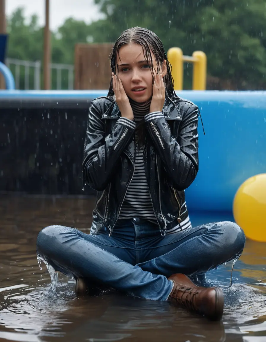 photo of young woman, in soaking wet, drenched clothes,
ankle boots , super skin tight denim jeans, slim fit black biker leatherjacket, tight striped knit turtleneck sweater, handbag , fifteen years old horny blonde teenage girl with girlfriend hold her hand over her mouth and nose lies completely submerged in pool partly underwater up to the neck at party in a crowded waterpark, completely wet from the rain, open mouth, big eyes, 
enjoying, wet clothes stuck to body,
detailed textures of the wet clothes, wet face, wet plastered hair,
wet, drenched, professional, high-quality details, full body view.
sharp focus, ultra-high pixel detail, realistic, high-quality, full colors, incredibly detailed, 4k, 8k, 16k, hyper-realistic, RAW photo, masterpiece, ultra-detailed, professionally color graded, professional photograph, fifteen years old, completely soaked, completely dripping wet, very wet clothes, sleek long straight hair, frustrated worried and embarrassed facial expression, slight yawn, all girls wear different styles of clothes, carrying a dripping wet smal handbag, a lot of people stands in the background, close-up, view from above, highly realistic representation, ultra sharp focus, highly photorealistic detailed facial features and expressions, highly photorealistic hands, highly best quality, highly sharp photorealistic image, highly photorealistic details, highest photorealistic wet clothes, full UHD resolution, highest photorealistic sharpness of the image, 32 K