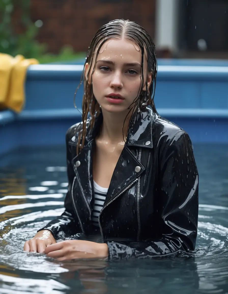 photo of young woman, in soaking wet, drenched clothes,
bare, super skin tight denim jeans, slim fit black biker leatherjacket, tight striped knit turtleneck sweater, handbag , fifteen years old horny blonde teenage girl with girlfriend hold her hand over her mouth and nose lies completely submerged in pool partly underwater at party, completely wet from the rain, open mouth, big eyes, 
enjoying, wet clothes stuck to body,
detailed textures of the wet clothes, wet face, wet plastered hair,
wet, drenched, professional, high-quality details, full body view.
sharp focus, ultra-high pixel detail, realistic, high-quality, full colors, incredibly detailed, 4k, 8k, 16k, hyper-realistic, RAW photo, masterpiece, ultra-detailed, professionally color graded, professional photograph, fifteen years old, completely soaked, completely dripping wet, sleek long straight hair, worried and embarrassed facial expression, slight yawn, all girls wear different styles of clothes, carrying a dripping wet smal handbag, a lot of people stands in the background, close-up, view from above, highly realistic representation, ultra sharp focus, highly photorealistic detailed facial features and expressions, highly photorealistic hands, highly best quality, highly sharp photorealistic image, highly photorealistic details, highest photorealistic wet clothes, full UHD resolution, highest photorealistic sharpness of the image, 32 K