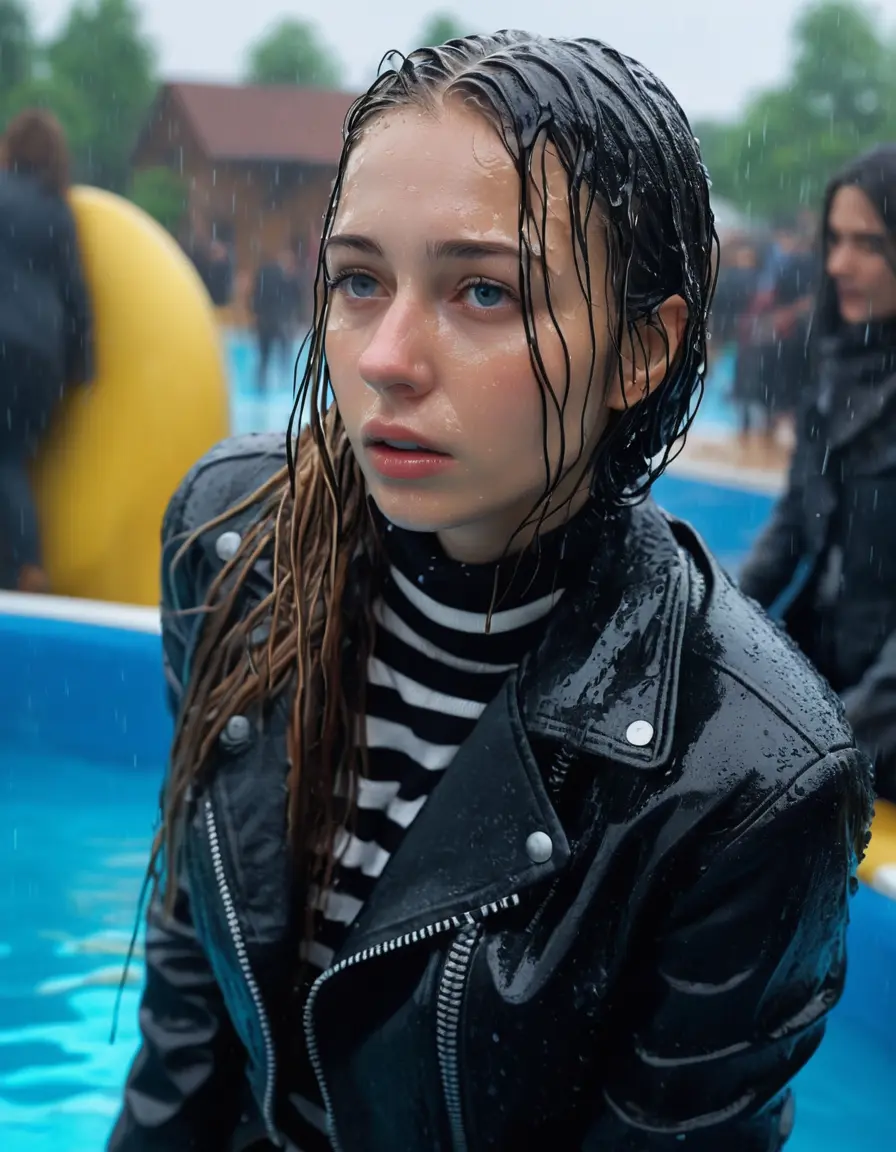 photo of young woman, in soaking wet, drenched clothes,
ankle boots , super skin tight denim jeans, slim fit black biker leatherjacket, tight striped knit turtleneck sweater, handbag , fifteen years old horny blonde teenage girl with girlfriend hold her hand over her mouth and nose lies completely submerged in pool partly underwater up to the neck at party in a crowded waterpark, completely wet from the rain, open mouth, big eyes, 
enjoying, wet clothes stuck to body,
detailed textures of the wet clothes, wet face, wet plastered hair,
wet, drenched, professional, high-quality details, full body view.
sharp focus, ultra-high pixel detail, realistic, high-quality, full colors, incredibly detailed, 4k, 8k, 16k, hyper-realistic, RAW photo, masterpiece, ultra-detailed, professionally color graded, professional photograph, fifteen years old, completely soaked, completely dripping wet, very wet clothes, sleek long straight hair, fearful worried and embarrassed facial expression, slight yawn, all girls wear different styles of clothes, carrying a dripping wet smal handbag, a lot of people stands in the background, close-up, view from above, highly realistic representation, ultra sharp focus, highly photorealistic detailed facial features and expressions, highly photorealistic hands, highly best quality, highly sharp photorealistic image, highly photorealistic details, highest photorealistic wet clothes, full UHD resolution, highest photorealistic sharpness of the image, 32 K