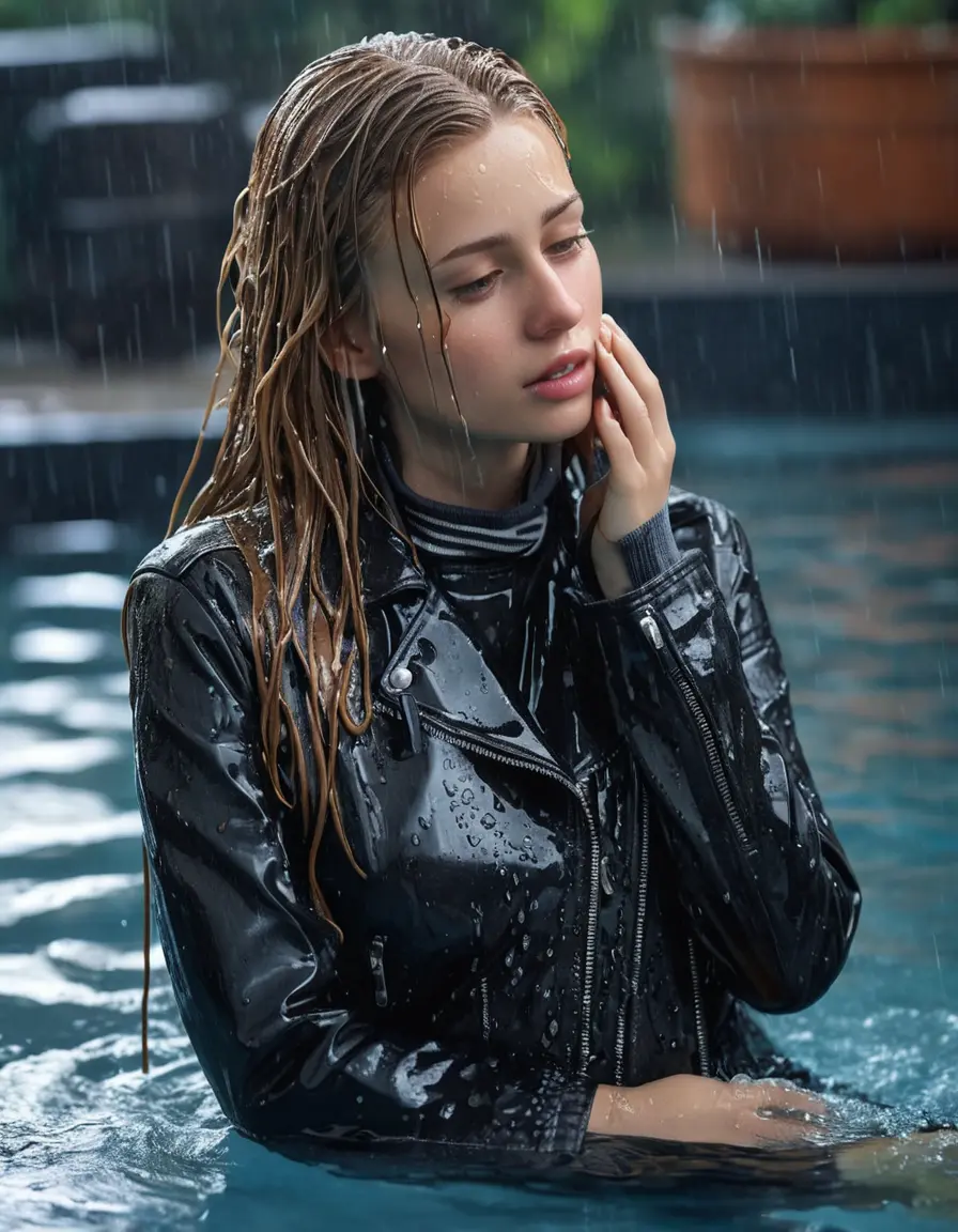 photo of young woman, in soaking wet, drenched clothes,
bare, super skin tight denim jeans, slim fit black biker leatherjacket, tight striped knit turtleneck sweater, handbag , fifteen years old horny blonde teenage girl with girlfriend hold her hand over her mouth and nose lies completely submerged in pool partly underwater at party, completely wet from the rain, open mouth, big eyes, 
enjoying, wet clothes stuck to body,
detailed textures of the wet clothes, wet face, wet plastered hair,
wet, drenched, professional, high-quality details, full body view.
sharp focus, ultra-high pixel detail, realistic, high-quality, full colors, incredibly detailed, 4k, 8k, 16k, hyper-realistic, RAW photo, masterpiece, ultra-detailed, professionally color graded, professional photograph, fifteen years old, completely soaked, completely dripping wet, sleek long straight hair, worried and embarrassed facial expression, slight yawn, all girls wear different styles of clothes, carrying a dripping wet smal handbag, a lot of people stands in the background, close-up, view from above, highly realistic representation, ultra sharp focus, highly photorealistic detailed facial features and expressions, highly photorealistic hands, highly best quality, highly sharp photorealistic image, highly photorealistic details, highest photorealistic wet clothes, full UHD resolution, highest photorealistic sharpness of the image, 32 K
