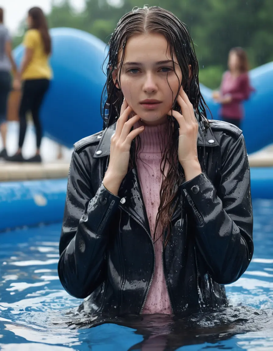 photo of young woman, in soaking wet, drenched clothes,
ankle boots , super skin tight denim jeans, slim fit black biker leatherjacket, tight light pink knit turtleneck sweater, handbag , fifteen years old horny brunette teenage girl with girlfriend hold her hand over her mouth and nose lies completely submerged in pool partly underwater up to the neck at party in a crowded waterpark, completely wet from the rain, open mouth, big eyes, 
enjoying, wet clothes stuck to body,
detailed textures of the wet clothes, wet face, wet plastered hair,
wet, drenched, professional, high-quality details, full body view.
sharp focus, ultra-high pixel detail, realistic, high-quality, full colors, incredibly detailed, 4k, 8k, 16k, hyper-realistic, RAW photo, masterpiece, ultra-detailed, professionally color graded, professional photograph, fifteen years old, completely soaked, completely dripping wet, very wet clothes, sleek long straight hair, worried and embarrassed facial expression, slight yawn, all girls wear different styles of clothes, carrying a dripping wet smal handbag, a lot of people stands in the background, close-up, view from above, highly realistic representation, ultra sharp focus, highly photorealistic detailed facial features and expressions, highly photorealistic hands, highly best quality, highly sharp photorealistic image, highly photorealistic details, highest photorealistic wet clothes, full UHD resolution, highest photorealistic sharpness of the image, 32 K