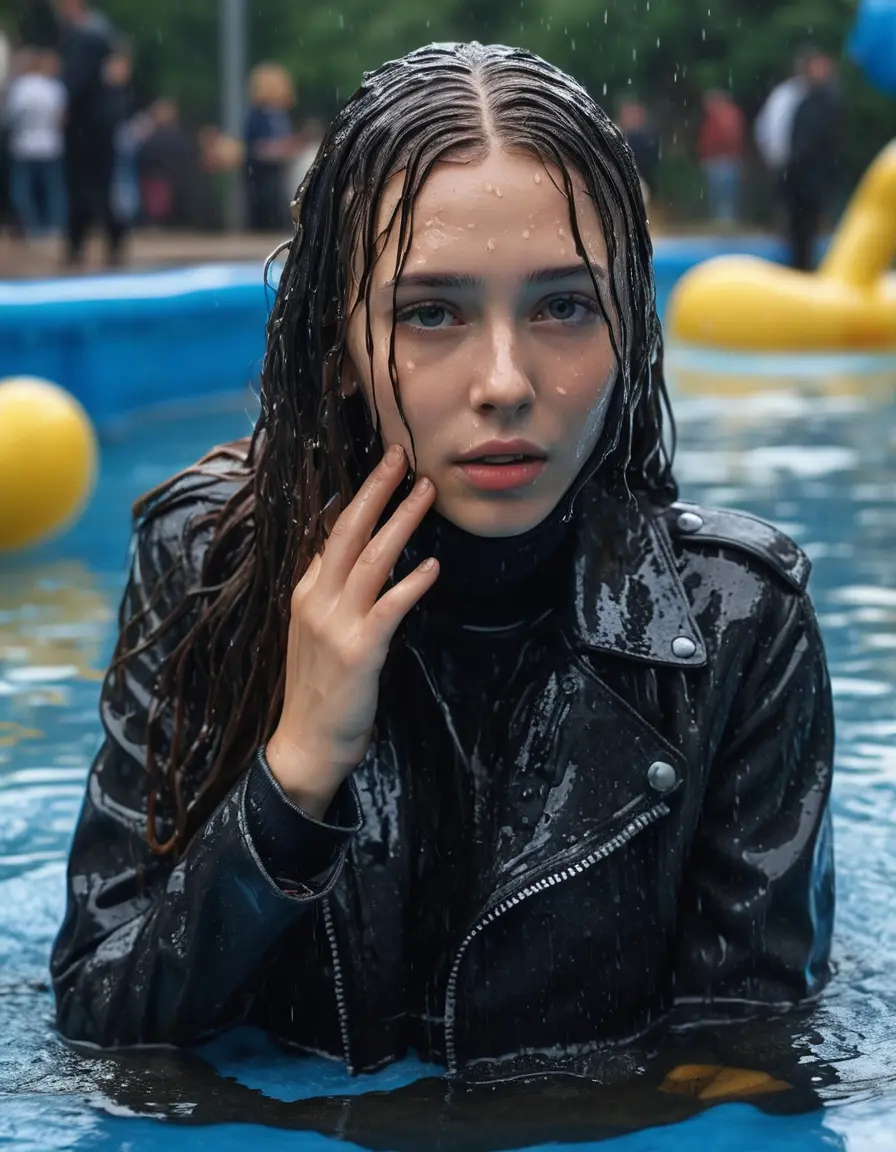 photo of young woman, in soaking wet, drenched clothes,
ankle boots , super skin tight denim jeans, slim fit black biker leatherjacket, tight striped knit turtleneck sweater, handbag , fifteen years old horny blonde teenage girl with girlfriend hold her hand over her mouth and nose lies completely submerged in pool partly underwater up to her head at party in a crowded waterpark, completely wet from the rain, open mouth, big eyes, 
enjoying, wet clothes stuck to body,
detailed textures of the wet clothes, wet face, wet plastered hair,
wet, drenched, professional, high-quality details, full body view.
sharp focus, ultra-high pixel detail, realistic, high-quality, full colors, incredibly detailed, 4k, 8k, 16k, hyper-realistic, RAW photo, masterpiece, ultra-detailed, professionally color graded, professional photograph, fifteen years old, completely soaked, completely dripping wet, very wet clothes, sleek long straight hair, embarrassed facial expression, slight yawn, all girls wear different styles of clothes, carrying a dripping wet smal handbag, a lot of people stands in the background, close-up, view from above, highly realistic representation, ultra sharp focus, highly photorealistic detailed facial features and expressions, highly photorealistic hands, highly best quality, highly sharp photorealistic image, highly photorealistic details, highest photorealistic wet clothes, full UHD resolution, highest photorealistic sharpness of the image, 32 K