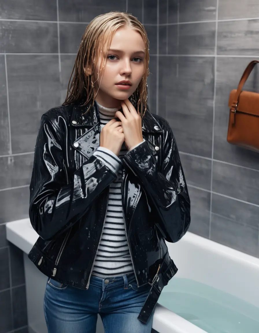 photo of young woman, in soaking wet, drenched clothes,
bare, super skin tight denim jeans, slim fit black biker leatherjacket, tight striped knit turtleneck sweater, handbag , fifteen years old horny blonde teenage girl with girlfriend hold her hand over her mouth and nose lies completely submerged in bathtube after party, completely wet from the rain, open mouth, big eyes, 
enjoying, wet clothes stuck to body,
detailed textures of the wet clothes, wet face, wet plastered hair,
wet, drenched, professional, high-quality details, full body view.
sharp focus, ultra-high pixel detail, realistic, high-quality, full colors, incredibly detailed, 4k, 8k, 16k, hyper-realistic, RAW photo, masterpiece, ultra-detailed, professionally color graded, professional photograph, fifteen years old, completely soaked, completely dripping wet, sleek long straight hair, worried and embarrassed facial expression, slight yawn, all girls wear different styles of clothes, carrying a dripping wet smal handbag, a lot of people stands in the background, close-up, view from above, highly realistic representation, ultra sharp focus, highly photorealistic detailed facial features and expressions, highly photorealistic hands, highly best quality, highly sharp photorealistic image, highly photorealistic details, highest photorealistic wet clothes, full UHD resolution, highest photorealistic sharpness of the image, 32 K
