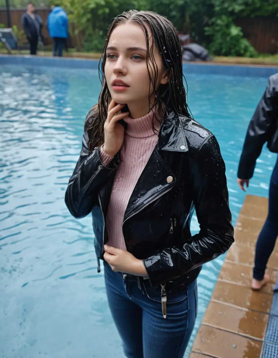 photo of young woman, in soaking wet, drenched clothes,
ankle boots , super skin tight denim jeans, slim fit black biker leatherjacket, tight light pink knit turtleneck sweater, handbag , fifteen years old horny brunette teenage girl with girlfriend hold her hand over her mouth and nose lies completely submerged in pool partly underwater up to the neck at party in a crowded waterpark, completely wet from the rain, open mouth, big eyes, 
enjoying, wet clothes stuck to body,
detailed textures of the wet clothes, wet face, wet plastered hair,
wet, drenched, professional, high-quality details, full body view.
sharp focus, ultra-high pixel detail, realistic, high-quality, full colors, incredibly detailed, 4k, 8k, 16k, hyper-realistic, RAW photo, masterpiece, ultra-detailed, professionally color graded, professional photograph, fifteen years old, completely soaked, completely dripping wet, very wet clothes, sleek long straight hair, worried and embarrassed facial expression, slight yawn, all girls wear different styles of clothes, carrying a dripping wet smal handbag, a lot of people stands in the background, close-up, view from above, highly realistic representation, ultra sharp focus, highly photorealistic detailed facial features and expressions, highly photorealistic hands, highly best quality, highly sharp photorealistic image, highly photorealistic details, highest photorealistic wet clothes, full UHD resolution, highest photorealistic sharpness of the image, 32 K