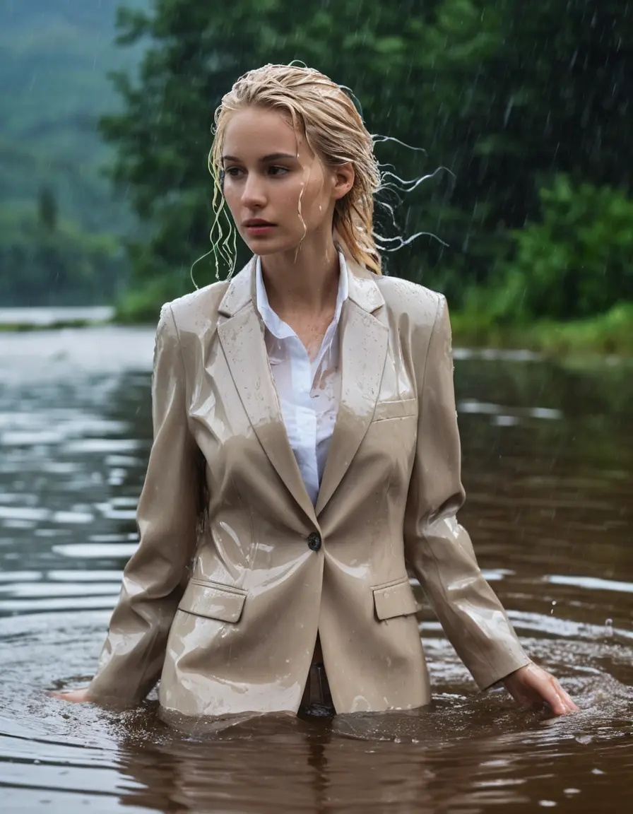 photo of young woman, in soaking wet, drenched clothes,
Beige Business Trouser, Beige Business Suit Jacket with white button down shirt, Clear Mountain lake with heavy rain, 
enjoying, wet clothes stuck to body,
detailed textures of the wet clothes, wet face, wet plastered hair,
wet, drenched, professional, high-quality details, full body view.
sharp focus, ultra-high pixel detail, realistic, high-quality, full colors, incredibly detailed, 4k, 8k, 16k, hyper-realistic, RAW photo, masterpiece, ultra-detailed, professionally color graded, professional photograph, young elegant white blonde haired beautiful women, breast deep submerged, under a big rainshower, fully clothed, completely soaked, fully drenched, completely wet, wetlook, heavy rain, side parting, open hair, long hair, rain storm, looks confidently into camera