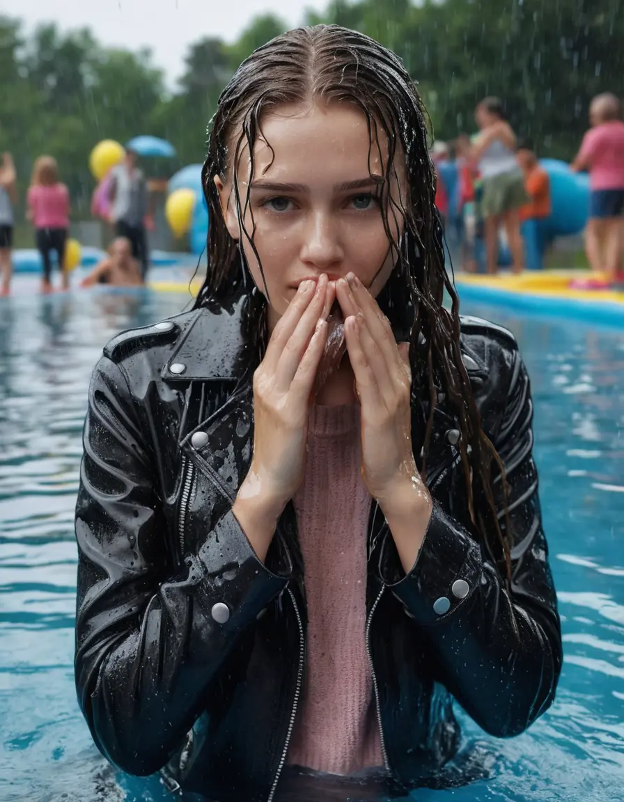photo of young woman, in soaking wet, drenched clothes,
ankle boots , super skin tight denim jeans, slim fit black biker leatherjacket, tight light pink knit turtleneck sweater, handbag , fifteen years old horny blonde teenage girl with girlfriend hold her hand over her mouth and nose lies completely submerged in pool partly underwater up to the neck at party in a crowded waterpark, completely wet from the rain, open mouth, big eyes, 
enjoying, wet clothes stuck to body,
detailed textures of the wet clothes, wet face, wet plastered hair,
wet, drenched, professional, high-quality details, full body view.
sharp focus, ultra-high pixel detail, realistic, high-quality, full colors, incredibly detailed, 4k, 8k, 16k, hyper-realistic, RAW photo, masterpiece, ultra-detailed, professionally color graded, professional photograph, fifteen years old, completely soaked, completely dripping wet, very wet clothes, sleek long straight hair, worried and embarrassed facial expression, slight yawn, all girls wear different styles of clothes, carrying a dripping wet smal handbag, a lot of people stands in the background, close-up, view from above, highly realistic representation, ultra sharp focus, highly photorealistic detailed facial features and expressions, highly photorealistic hands, highly best quality, highly sharp photorealistic image, highly photorealistic details, highest photorealistic wet clothes, full UHD resolution, highest photorealistic sharpness of the image, 32 K