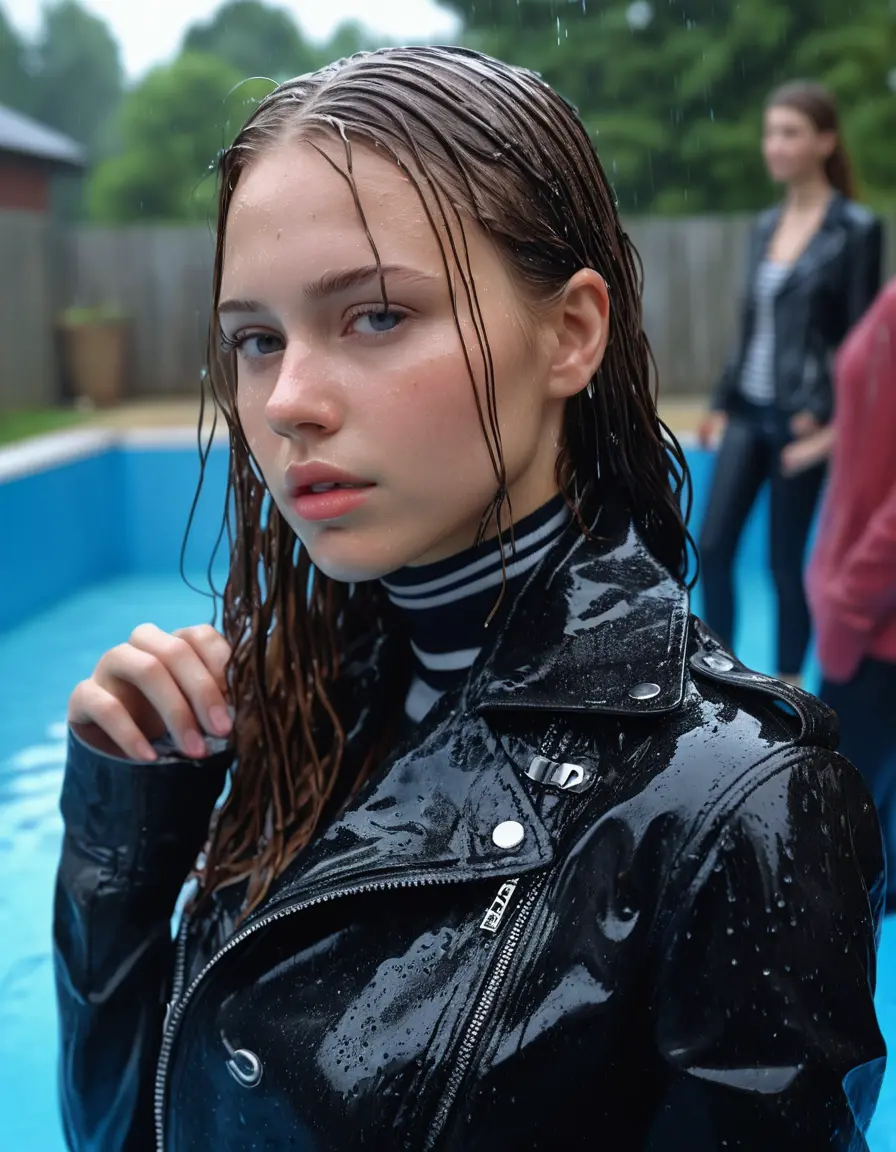 photo of young woman, in soaking wet, drenched clothes,
bare, super skin tight denim jeans, slim fit black biker leatherjacket, tight striped knit turtleneck sweater, handbag , fifteen years old horny blonde teenage girl with girlfriend hold her hand over her mouth and nose lies completely submerged in pool partly underwater at party, completely wet from the rain, open mouth, big eyes, 
enjoying, wet clothes stuck to body,
detailed textures of the wet clothes, wet face, wet plastered hair,
wet, drenched, professional, high-quality details, full body view.
sharp focus, ultra-high pixel detail, realistic, high-quality, full colors, incredibly detailed, 4k, 8k, 16k, hyper-realistic, RAW photo, masterpiece, ultra-detailed, professionally color graded, professional photograph, fifteen years old, completely soaked, completely dripping wet, sleek long straight hair, worried and embarrassed facial expression, slight yawn, all girls wear different styles of clothes, carrying a dripping wet smal handbag, a lot of people stands in the background, close-up, view from above, highly realistic representation, ultra sharp focus, highly photorealistic detailed facial features and expressions, highly photorealistic hands, highly best quality, highly sharp photorealistic image, highly photorealistic details, highest photorealistic wet clothes, full UHD resolution, highest photorealistic sharpness of the image, 32 K