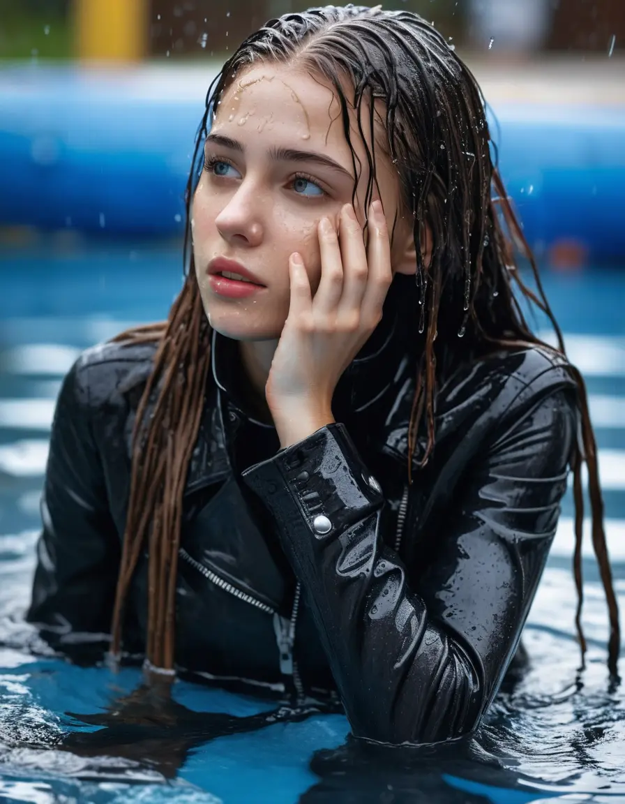 photo of young woman, in soaking wet, drenched clothes,
ankle boots , super skin tight denim jeans, slim fit black biker leatherjacket, tight striped knit turtleneck sweater, handbag , fifteen years old horny blonde teenage girl with girlfriend hold her hand over her mouth and nose lies completely submerged in pool partly underwater up to her head at party in a crowded waterpark, completely wet from the rain, open mouth, big eyes, 
enjoying, wet clothes stuck to body,
detailed textures of the wet clothes, wet face, wet plastered hair,
wet, drenched, professional, high-quality details, full body view.
sharp focus, ultra-high pixel detail, realistic, high-quality, full colors, incredibly detailed, 4k, 8k, 16k, hyper-realistic, RAW photo, masterpiece, ultra-detailed, professionally color graded, professional photograph, fifteen years old, completely soaked, completely dripping wet, very wet clothes, sleek long straight hair, embarrassed facial expression, slight yawn, all girls wear different styles of clothes, carrying a dripping wet smal handbag, a lot of people stands in the background, close-up, view from above, highly realistic representation, ultra sharp focus, highly photorealistic detailed facial features and expressions, highly photorealistic hands, highly best quality, highly sharp photorealistic image, highly photorealistic details, highest photorealistic wet clothes, full UHD resolution, highest photorealistic sharpness of the image, 32 K
