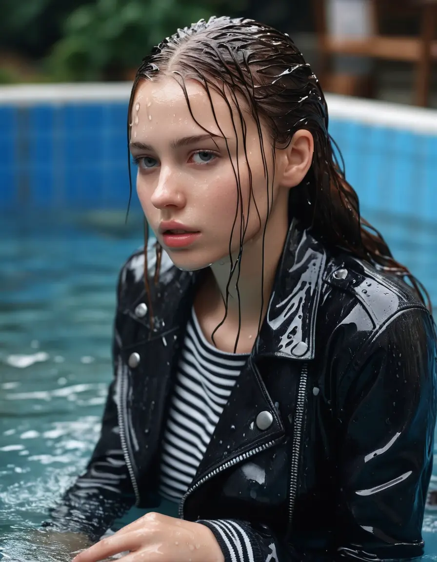 photo of young woman, in soaking wet, drenched clothes,
bare, super skin tight denim jeans, slim fit black biker leatherjacket, tight striped knit turtleneck sweater, handbag , fifteen years old horny blonde teenage girl with girlfriend hold her hand over her mouth and nose lies completely submerged in pool partly underwater at party, completely wet from the rain, open mouth, big eyes, 
enjoying, wet clothes stuck to body,
detailed textures of the wet clothes, wet face, wet plastered hair,
wet, drenched, professional, high-quality details, full body view.
sharp focus, ultra-high pixel detail, realistic, high-quality, full colors, incredibly detailed, 4k, 8k, 16k, hyper-realistic, RAW photo, masterpiece, ultra-detailed, professionally color graded, professional photograph, fifteen years old, completely soaked, completely dripping wet, sleek long straight hair, worried and embarrassed facial expression, slight yawn, all girls wear different styles of clothes, carrying a dripping wet smal handbag, a lot of people stands in the background, close-up, view from above, highly realistic representation, ultra sharp focus, highly photorealistic detailed facial features and expressions, highly photorealistic hands, highly best quality, highly sharp photorealistic image, highly photorealistic details, highest photorealistic wet clothes, full UHD resolution, highest photorealistic sharpness of the image, 32 K