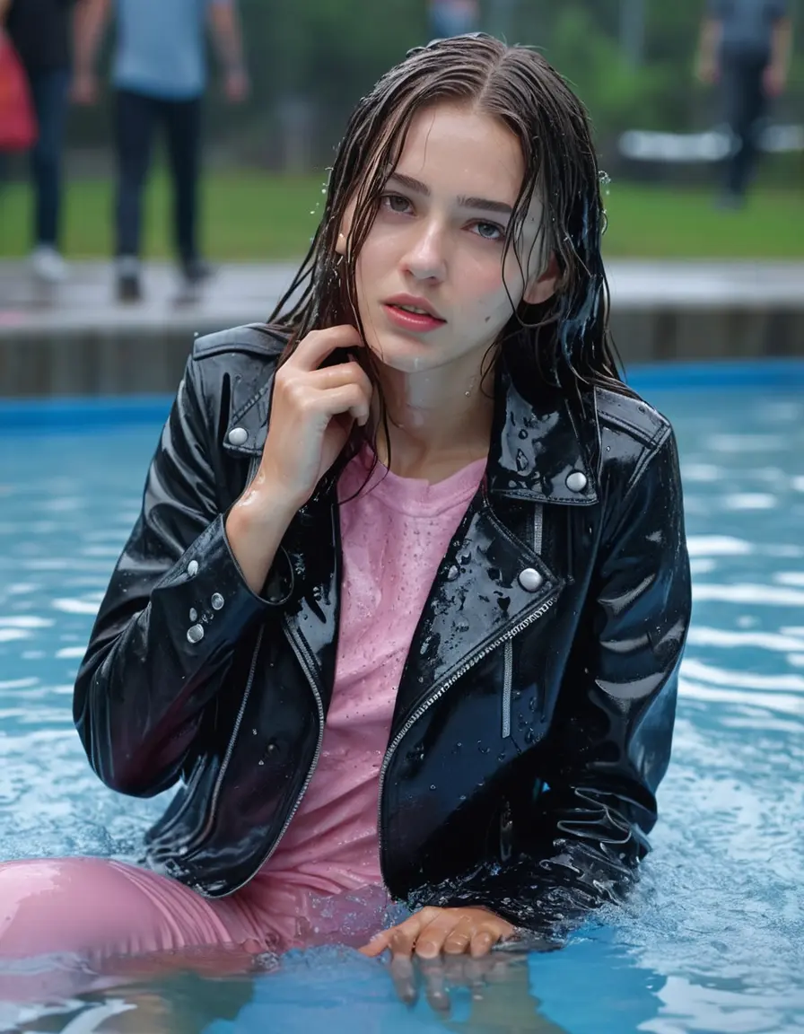 photo of young woman, in soaking wet, drenched clothes,
ankle boots , super skin tight denim jeans, slim fit black biker leatherjacket, tight light pink knit turtleneck sweater, handbag , fifteen years old horny brunette teenage girl with girlfriend hold her hand over her mouth and nose lies completely submerged in pool partly underwater up to the neck at party in a crowded waterpark, completely wet from the rain, open mouth, big eyes, 
enjoying, wet clothes stuck to body,
detailed textures of the wet clothes, wet face, wet plastered hair,
wet, drenched, professional, high-quality details, full body view.
sharp focus, ultra-high pixel detail, realistic, high-quality, full colors, incredibly detailed, 4k, 8k, 16k, hyper-realistic, RAW photo, masterpiece, ultra-detailed, professionally color graded, professional photograph, fifteen years old, completely soaked, completely dripping wet, very wet clothes, sleek long straight hair, worried and embarrassed facial expression, slight yawn, all girls wear different styles of clothes, carrying a dripping wet smal handbag, a lot of people stands in the background, close-up, view from above, highly realistic representation, ultra sharp focus, highly photorealistic detailed facial features and expressions, highly photorealistic hands, highly best quality, highly sharp photorealistic image, highly photorealistic details, highest photorealistic wet clothes, full UHD resolution, highest photorealistic sharpness of the image, 32 K