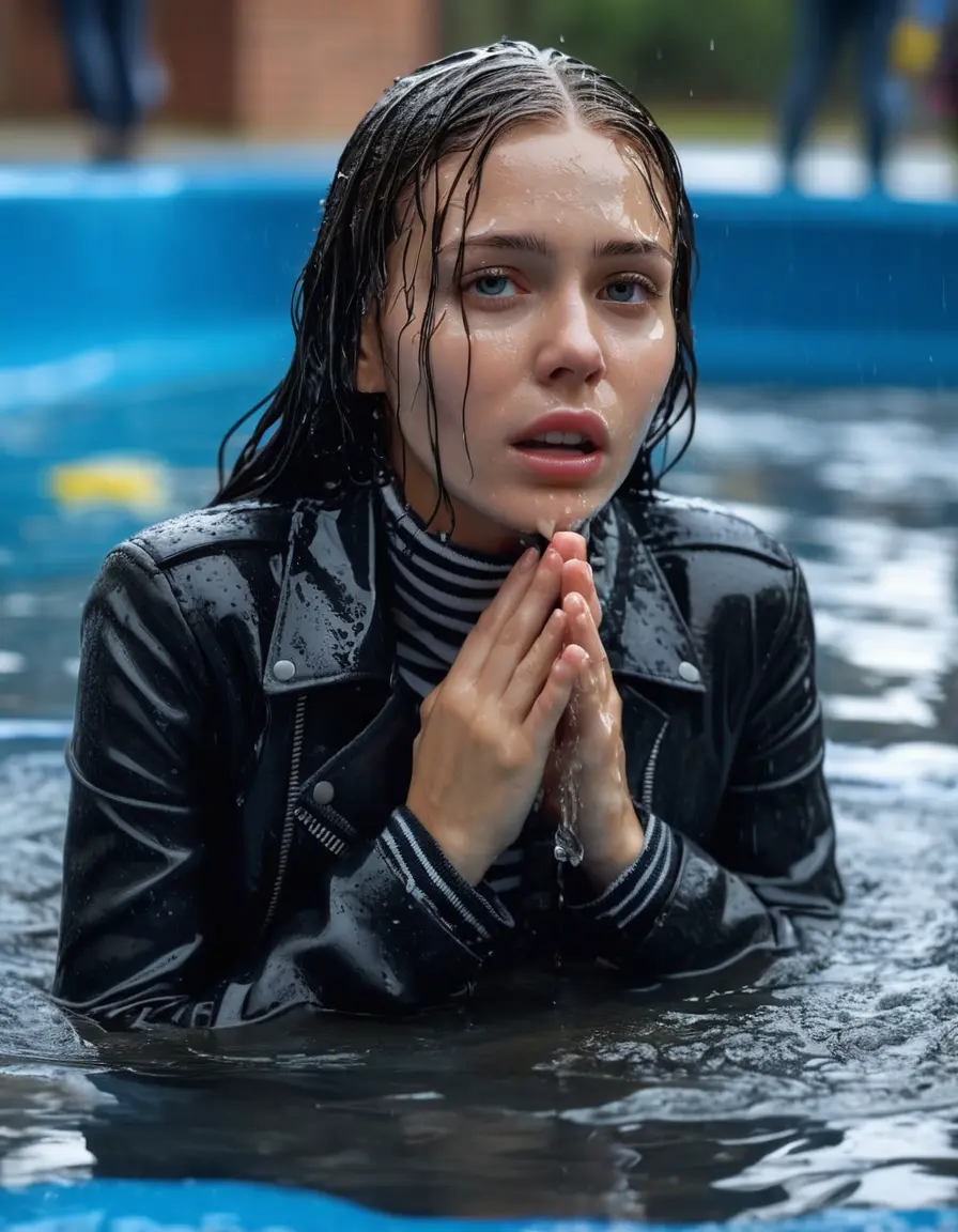 photo of young woman, in soaking wet, drenched clothes,
ankle boots , super skin tight denim jeans, slim fit black biker leatherjacket, tight striped knit turtleneck sweater, handbag , fifteen years old horny blonde teenage girl with girlfriend hold her hand over her mouth and nose lies completely submerged in pool partly underwater up to the neck at party in a crowded waterpark, completely wet from the rain, open mouth, big eyes, 
enjoying, wet clothes stuck to body,
detailed textures of the wet clothes, wet face, wet plastered hair,
wet, drenched, professional, high-quality details, full body view.
sharp focus, ultra-high pixel detail, realistic, high-quality, full colors, incredibly detailed, 4k, 8k, 16k, hyper-realistic, RAW photo, masterpiece, ultra-detailed, professionally color graded, professional photograph, fifteen years old, completely soaked, completely dripping wet, very wet clothes, sleek long straight hair, fearful worried and embarrassed facial expression, slight yawn, all girls wear different styles of clothes, carrying a dripping wet smal handbag, a lot of people stands in the background, close-up, view from above, highly realistic representation, ultra sharp focus, highly photorealistic detailed facial features and expressions, highly photorealistic hands, highly best quality, highly sharp photorealistic image, highly photorealistic details, highest photorealistic wet clothes, full UHD resolution, highest photorealistic sharpness of the image, 32 K