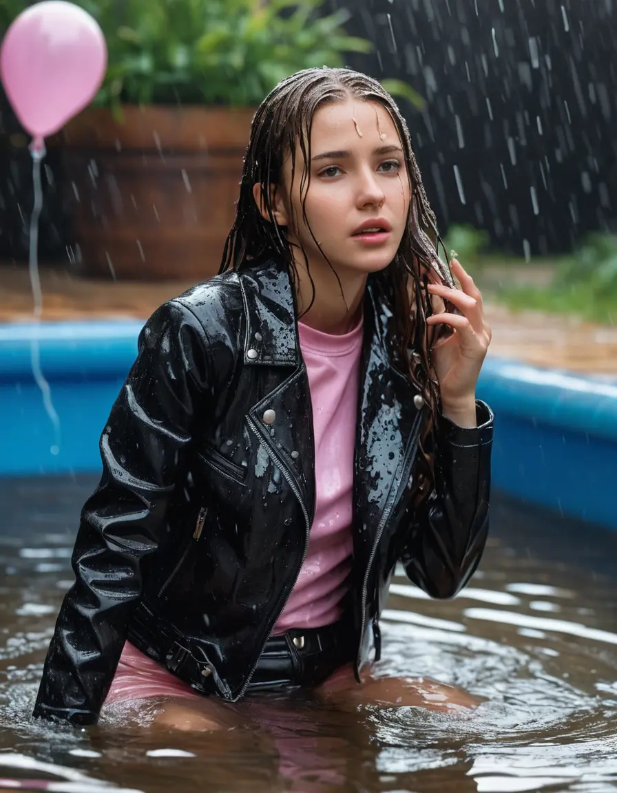 photo of young woman, in soaking wet, drenched clothes,
ankle boots , super skin tight denim jeans, slim fit black biker leatherjacket, tight light pink knit turtleneck sweater, handbag , fifteen years old horny brunette teenage girl with girlfriend hold her hand over her mouth and nose lies completely submerged in pool partly underwater up to the neck at party, completely wet from the rain, open mouth, big eyes, 
enjoying, wet clothes stuck to body,
detailed textures of the wet clothes, wet face, wet plastered hair,
wet, drenched, professional, high-quality details, full body view.
sharp focus, ultra-high pixel detail, realistic, high-quality, full colors, incredibly detailed, 4k, 8k, 16k, hyper-realistic, RAW photo, masterpiece, ultra-detailed, professionally color graded, professional photograph, fifteen years old, completely soaked, completely dripping wet, very wet clothes, sleek long straight hair, worried and embarrassed facial expression, slight yawn, all girls wear different styles of clothes, carrying a dripping wet smal handbag, a lot of people stands in the background, close-up, view from above, highly realistic representation, ultra sharp focus, highly photorealistic detailed facial features and expressions, highly photorealistic hands, highly best quality, highly sharp photorealistic image, highly photorealistic details, highest photorealistic wet clothes, full UHD resolution, highest photorealistic sharpness of the image, 32 K