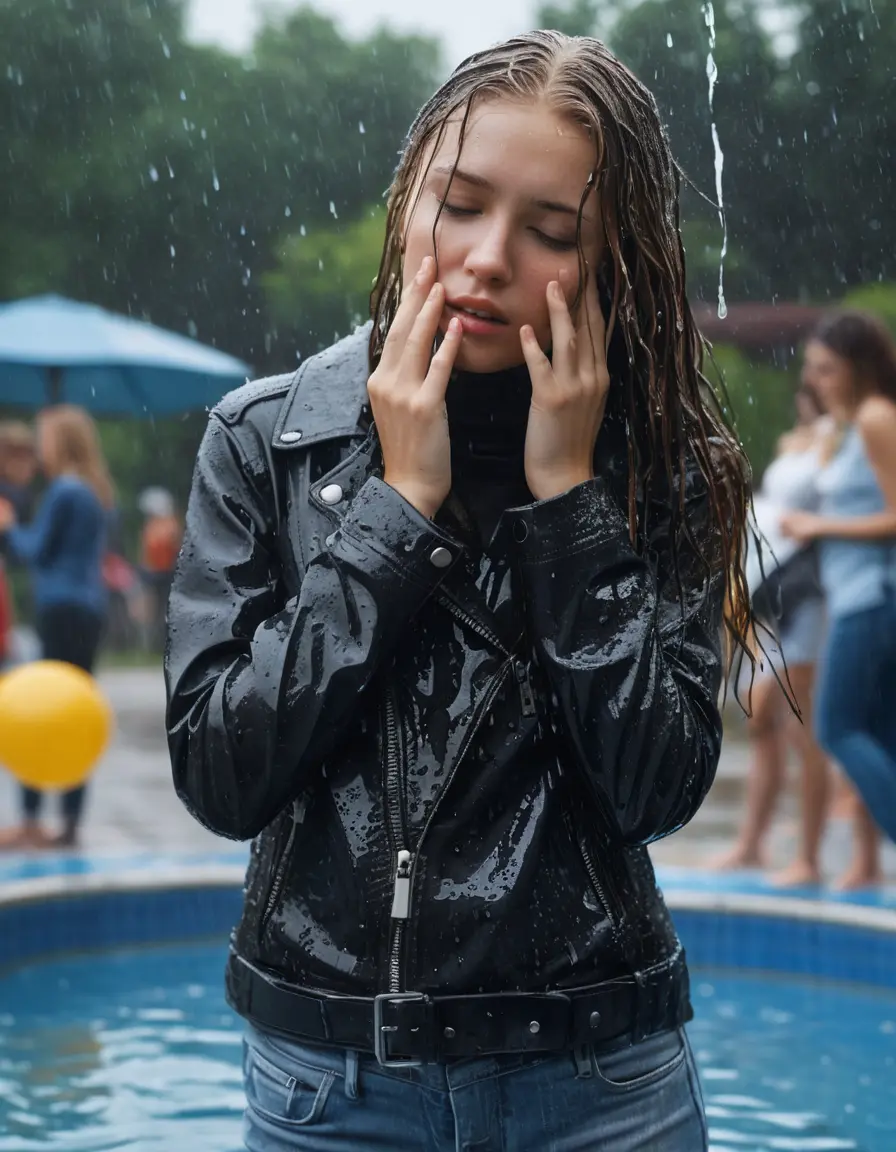 photo of young woman, in soaking wet, drenched clothes,
ankle boots , super skin tight denim jeans, slim fit black biker leatherjacket, tight striped knit turtleneck sweater, handbag , fifteen years old horny blonde teenage girl with girlfriend hold her hand over her mouth and nose lies completely submerged in pool partly underwater up to the neck at party in a crowded waterpark, completely wet from the rain, open mouth, big eyes, 
enjoying, wet clothes stuck to body,
detailed textures of the wet clothes, wet face, wet plastered hair,
wet, drenched, professional, high-quality details, full body view.
sharp focus, ultra-high pixel detail, realistic, high-quality, full colors, incredibly detailed, 4k, 8k, 16k, hyper-realistic, RAW photo, masterpiece, ultra-detailed, professionally color graded, professional photograph, fifteen years old, completely soaked, completely dripping wet, very wet clothes, sleek long straight hair, frustrated worried and embarrassed facial expression, slight yawn, all girls wear different styles of clothes, carrying a dripping wet smal handbag, a lot of people stands in the background, close-up, view from above, highly realistic representation, ultra sharp focus, highly photorealistic detailed facial features and expressions, highly photorealistic hands, highly best quality, highly sharp photorealistic image, highly photorealistic details, highest photorealistic wet clothes, full UHD resolution, highest photorealistic sharpness of the image, 32 K