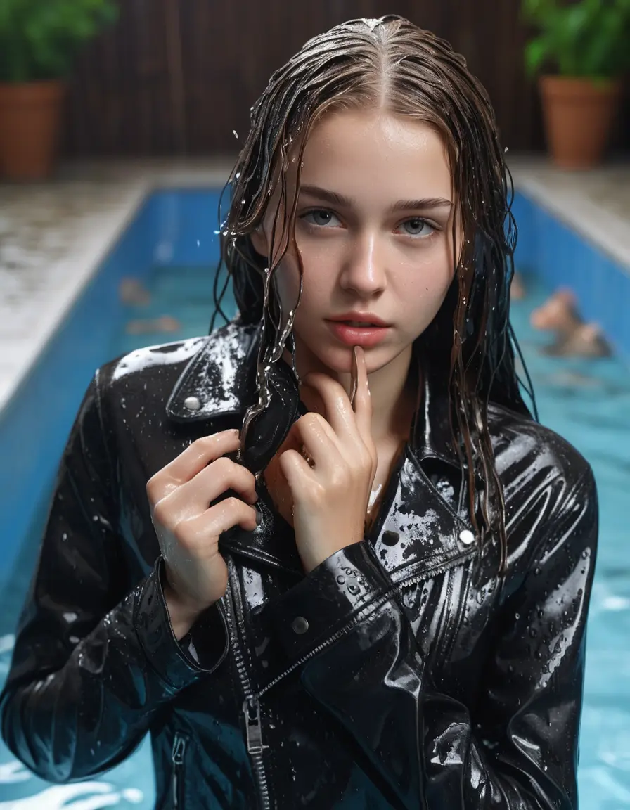 photo of young woman, in soaking wet, drenched clothes,
bare, super skin tight denim jeans, slim fit black biker leatherjacket, tight striped knit turtleneck sweater, handbag , fifteen years old horny blonde teenage girl with girlfriend hold her hand over her mouth and nose lies completely submerged in pool at party, completely wet from the rain, open mouth, big eyes, 
enjoying, wet clothes stuck to body,
detailed textures of the wet clothes, wet face, wet plastered hair,
wet, drenched, professional, high-quality details, full body view.
sharp focus, ultra-high pixel detail, realistic, high-quality, full colors, incredibly detailed, 4k, 8k, 16k, hyper-realistic, RAW photo, masterpiece, ultra-detailed, professionally color graded, professional photograph, fifteen years old, completely soaked, completely dripping wet, sleek long straight hair, worried and embarrassed facial expression, slight yawn, all girls wear different styles of clothes, carrying a dripping wet smal handbag, a lot of people stands in the background, close-up, view from above, highly realistic representation, ultra sharp focus, highly photorealistic detailed facial features and expressions, highly photorealistic hands, highly best quality, highly sharp photorealistic image, highly photorealistic details, highest photorealistic wet clothes, full UHD resolution, highest photorealistic sharpness of the image, 32 K