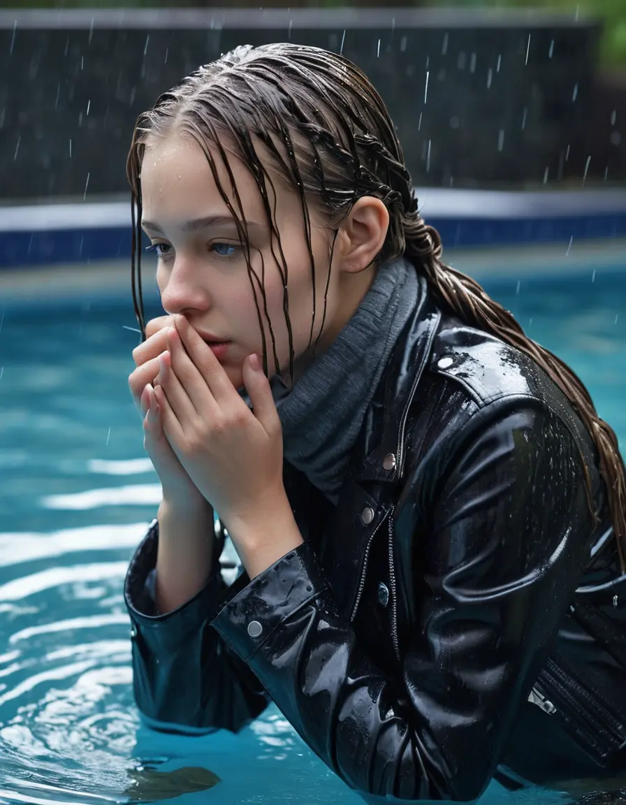 photo of young woman, in soaking wet, drenched clothes,
bare, super skin tight denim jeans, slim fit black biker leatherjacket, tight striped knit turtleneck sweater, handbag , fifteen years old horny blonde teenage girl with girlfriend hold her hand over her mouth and nose lies completely submerged in pool partly underwater at party, completely wet from the rain, open mouth, big eyes, 
enjoying, wet clothes stuck to body,
detailed textures of the wet clothes, wet face, wet plastered hair,
wet, drenched, professional, high-quality details, full body view.
sharp focus, ultra-high pixel detail, realistic, high-quality, full colors, incredibly detailed, 4k, 8k, 16k, hyper-realistic, RAW photo, masterpiece, ultra-detailed, professionally color graded, professional photograph, fifteen years old, completely soaked, completely dripping wet, sleek long straight hair, two sleek braids, worried and embarrassed facial expression, slight yawn, all girls wear different styles of clothes, carrying a dripping wet smal handbag, a lot of people stands in the background, close-up, view from above, highly realistic representation, ultra sharp focus, highly photorealistic detailed facial features and expressions, highly photorealistic hands, highly best quality, highly sharp photorealistic image, highly photorealistic details, highest photorealistic wet clothes, full UHD resolution, highest photorealistic sharpness of the image, 32 K