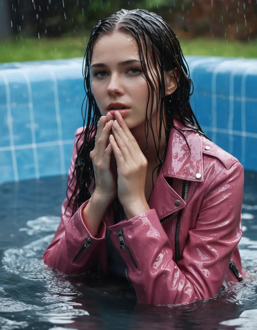 photo of young woman, in soaking wet, drenched clothes,
ankle boots , super skin tight denim jeans, slim fit black biker leatherjacket, tight pink knit turtleneck sweater, handbag , fifteen years old horny brunette teenage girl with girlfriend hold her hand over her mouth and nose lies completely submerged in pool partly underwater at party, completely wet from the rain, open mouth, big eyes, 
enjoying, wet clothes stuck to body,
detailed textures of the wet clothes, wet face, wet plastered hair,
wet, drenched, professional, high-quality details, full body view.
sharp focus, ultra-high pixel detail, realistic, high-quality, full colors, incredibly detailed, 4k, 8k, 16k, hyper-realistic, RAW photo, masterpiece, ultra-detailed, professionally color graded, professional photograph, fifteen years old, completely soaked, completely dripping wet, very wet clothes, sleek long straight hair, worried and embarrassed facial expression, slight yawn, all girls wear different styles of clothes, carrying a dripping wet smal handbag, a lot of people stands in the background, close-up, view from above, highly realistic representation, ultra sharp focus, highly photorealistic detailed facial features and expressions, highly photorealistic hands, highly best quality, highly sharp photorealistic image, highly photorealistic details, highest photorealistic wet clothes, full UHD resolution, highest photorealistic sharpness of the image, 32 K