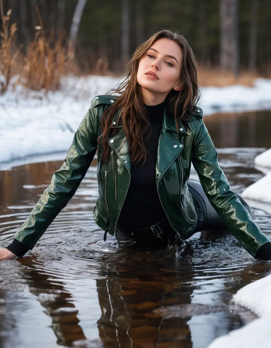 photo of young woman, in soaking wet, drenched clothes,
tight leather boots, skin tight black leather jeans, slim fit green biker leatherjacket, tight light black latex turtleneck sweater,, lying on snow, 
enjoying, wet clothes stuck to body,
detailed textures of the wet clothes, wet face, wet plastered hair,
wet, drenched, professional, high-quality details, full body view.
sharp focus, ultra-high pixel detail, realistic, high-quality, full colors, incredibly detailed, 4k, 8k, 16k, hyper-realistic, RAW photo, masterpiece, ultra-detailed, professionally color graded, professional photograph, white woman, long dripping wet brown hair