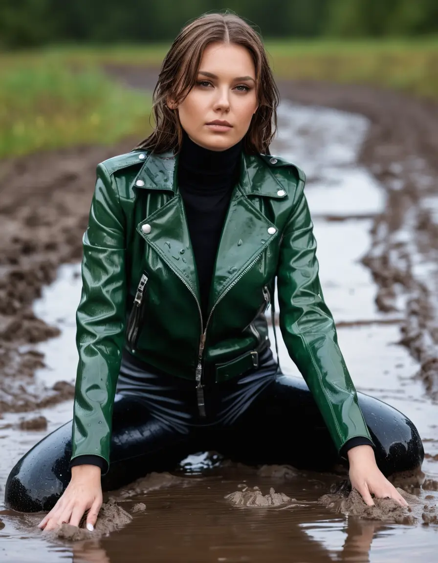photo of young woman, in soaking wet, drenched clothes,
tight leather boots, skin tight black leather jeans, slim fit green biker leatherjacket, tight light black latex turtleneck sweater,, lying on mud, 
enjoying, wet clothes stuck to body,
detailed textures of the wet clothes, wet face, wet plastered hair,
wet, drenched, professional, high-quality details, full body view.
sharp focus, ultra-high pixel detail, realistic, high-quality, full colors, incredibly detailed, 4k, 8k, 16k, hyper-realistic, RAW photo, masterpiece, ultra-detailed, professionally color graded, professional photograph, white woman, long dripping wet brown hair