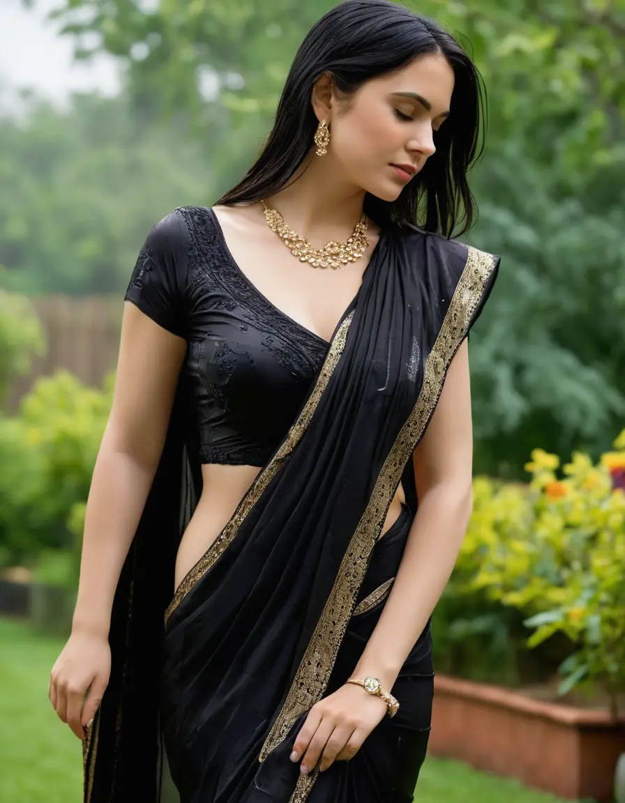photo of young woman, in soaking wet, drenched clothes,
Stilletto heels, Silk pants, Embroidery,  long black Saree skin tight , Garden ,grope another female , 
enjoying, wet clothes stuck to body,
detailed textures of the wet clothes, wet face, wet plastered hair,
wet, drenched, professional, high-quality details, full body view.
sharp focus, ultra-high pixel detail, realistic, high-quality, full colors, incredibly detailed, 4k, 8k, 16k, hyper-realistic, RAW photo, masterpiece, ultra-detailed, professionally color graded, professional photograph, Straight open  wavy hairstyle , , pear shaped body,  wrist watch, thin necklace t ,  , no make up, 