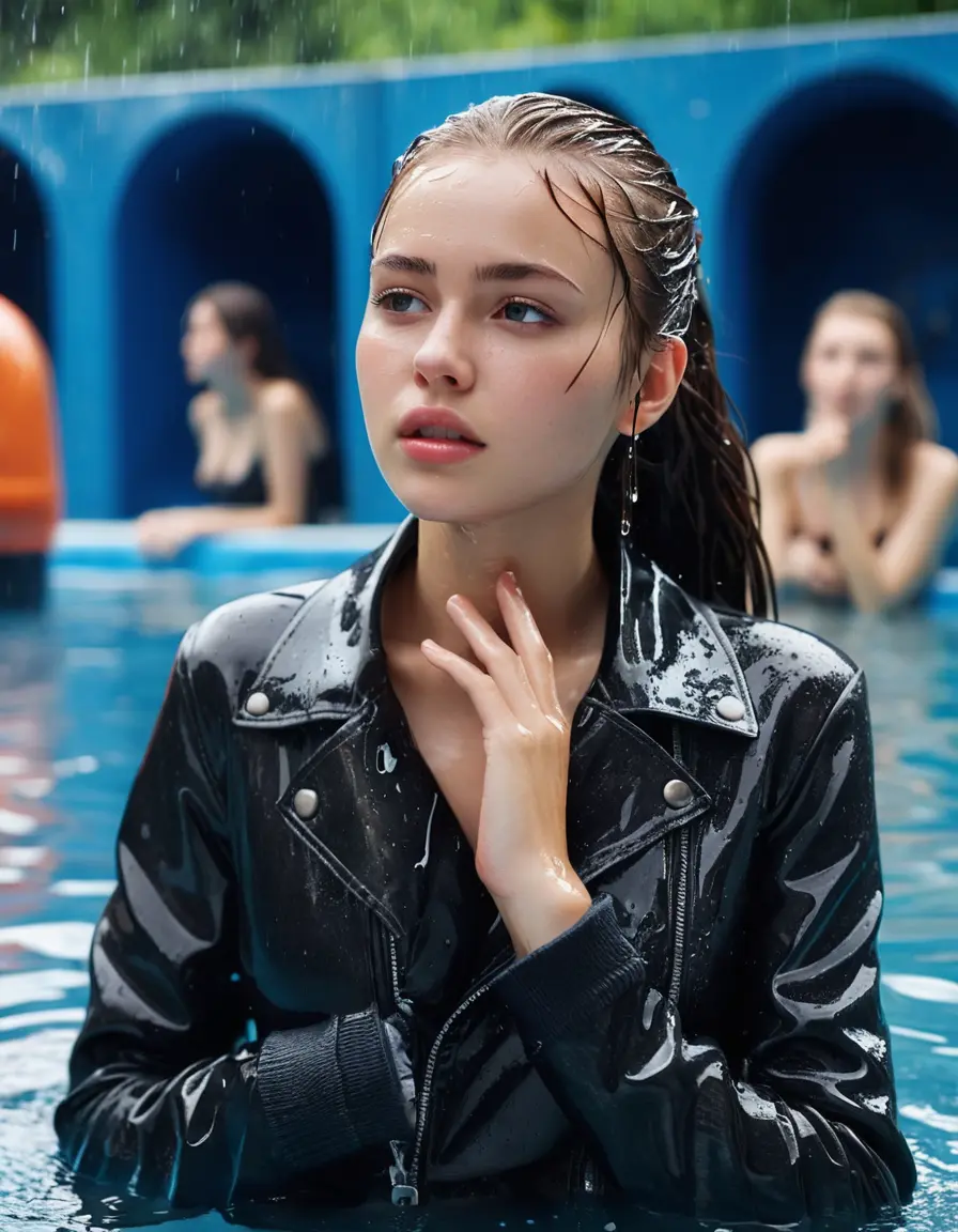 photo of young woman, in soaking wet, drenched clothes,
ankle boots , super skin tight denim jeans, slim fit black biker leatherjacket, tight grey knit turtleneck sweater, handbag , fifteen years old horny blonde teenage girl with her girlfriend holds her hand over her mouth and nose lies completely submerged in pool partly underwater up to the neck at party in a crowded waterpark, completely wet from the rain, open mouth, big eyes, 
enjoying, wet clothes stuck to body,
detailed textures of the wet clothes, wet face, wet plastered hair,
wet, drenched, professional, high-quality details, full body view.
sharp focus, ultra-high pixel detail, realistic, high-quality, full colors, incredibly detailed, 4k, 8k, 16k, hyper-realistic, RAW photo, masterpiece, ultra-detailed, professionally color graded, professional photograph, fifteen years old, completely soaked, completely dripping wet, very wet clothes, sleek long straight hair, sleek ponytail, worried and embarrassed facial expression, slight yawn, moaning,  all girls wear different styles of clothes, take a handbag into the water, a lot of people stands in the background, close-up, view from above, highly realistic representation, ultra sharp focus, highly photorealistic detailed facial features and expressions, highly photorealistic hands, highly best quality, highly sharp photorealistic image, highly photorealistic details, highest photorealistic wet clothes, full UHD resolution, highest photorealistic sharpness of the image, 32 K