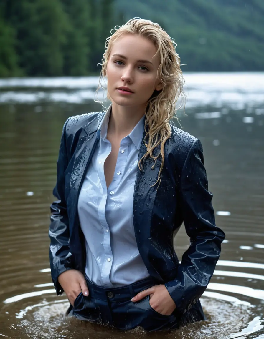 photo of young woman, in soaking wet, drenched clothes,
Dark Blue Business Trouser, Dark Blue Business Suit Jacket with Light Blue button down shirt, Clear Mountain lake with heavy rain, 
enjoying, wet clothes stuck to body,
detailed textures of the wet clothes, wet face, wet plastered hair,
wet, drenched, professional, high-quality details, full body view.
sharp focus, ultra-high pixel detail, realistic, high-quality, full colors, incredibly detailed, 4k, 8k, 16k, hyper-realistic, RAW photo, masterpiece, ultra-detailed, professionally color graded, professional photograph, young elegant white blonde haired beautiful women, breast deep submerged, under a big rainshower, fully clothed, completely soaked, fully drenched, completely wet, wetlook, heavy rain, side parting, open hair, long hair, rain storm, looks confidently into camera