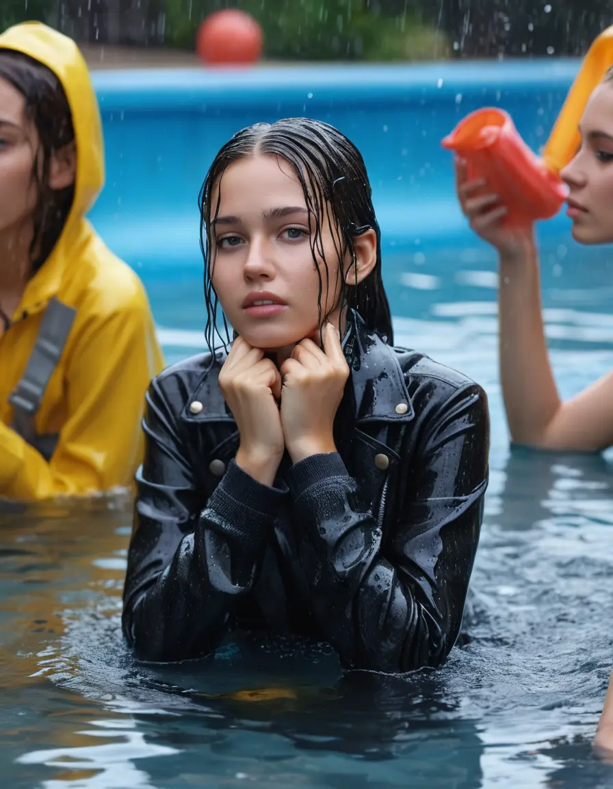 photo of young woman, in soaking wet, drenched clothes,
ankle boots , super skin tight denim jeans, slim fit black biker leatherjacket, tight grey knit turtleneck sweater, handbag , fifteen years old horny blonde teenage girl with her friends holds her hand over her mouth and nose lies completely submerged in pool partly underwater up to the neck at party in a crowded waterpark, completely wet from the rain, open mouth, big eyes, 
enjoying, wet clothes stuck to body,
detailed textures of the wet clothes, wet face, wet plastered hair,
wet, drenched, professional, high-quality details, full body view.
sharp focus, ultra-high pixel detail, realistic, high-quality, full colors, incredibly detailed, 4k, 8k, 16k, hyper-realistic, RAW photo, masterpiece, ultra-detailed, professionally color graded, professional photograph, fifteen years old, completely soaked, completely dripping wet, very wet clothes, sleek long straight hair, sleek ponytail, worried and embarrassed facial expression, slight yawn, moaning,  all girls wear different styles of clothes, take a handbag into the water, a lot of people stands in the background, close-up, view from above, highly realistic representation, ultra sharp focus, highly photorealistic detailed facial features and expressions, highly photorealistic hands, highly best quality, highly sharp photorealistic image, highly photorealistic details, highest photorealistic wet clothes, full UHD resolution, highest photorealistic sharpness of the image, 32 K