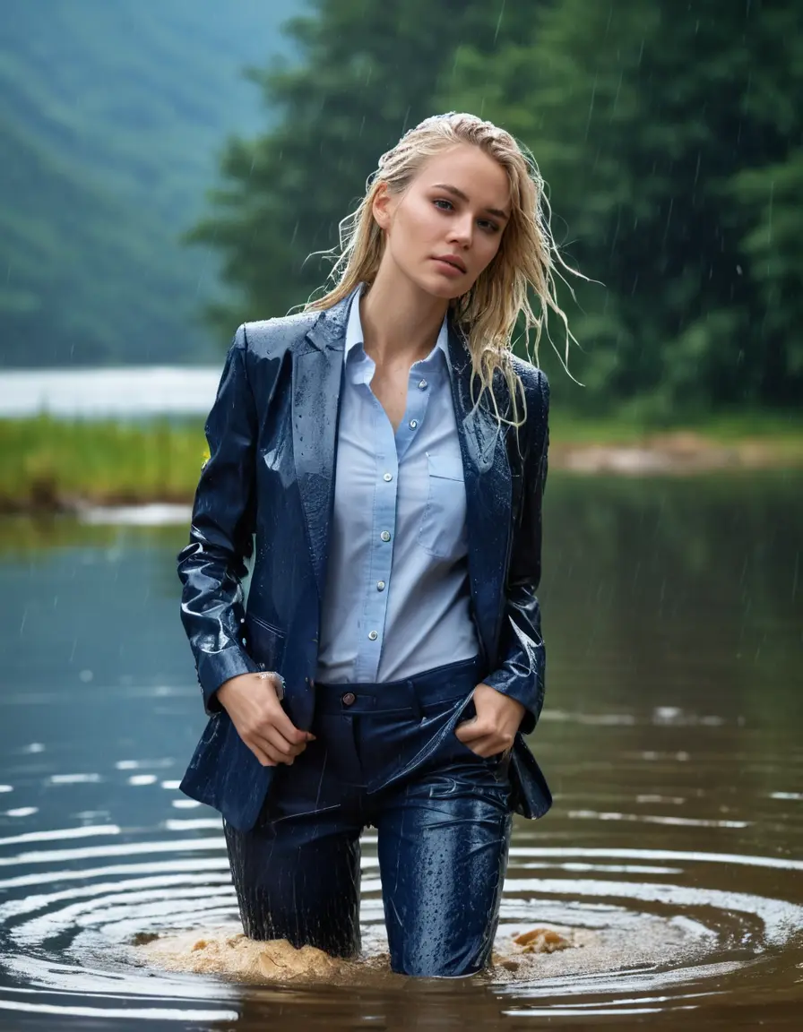 photo of young woman, in soaking wet, drenched clothes,
Dark Blue Business Trouser, Dark Blue Business Suit Jacket with Light Blue button down shirt, Clear Mountain lake with heavy rain, 
enjoying, wet clothes stuck to body,
detailed textures of the wet clothes, wet face, wet plastered hair,
wet, drenched, professional, high-quality details, full body view.
sharp focus, ultra-high pixel detail, realistic, high-quality, full colors, incredibly detailed, 4k, 8k, 16k, hyper-realistic, RAW photo, masterpiece, ultra-detailed, professionally color graded, professional photograph, young elegant white blonde haired beautiful women, breast deep submerged, under a big rainshower, fully clothed, completely soaked, fully drenched, completely wet, wetlook, heavy rain, side parting, open hair, long hair, rain storm, looks confidently into camera