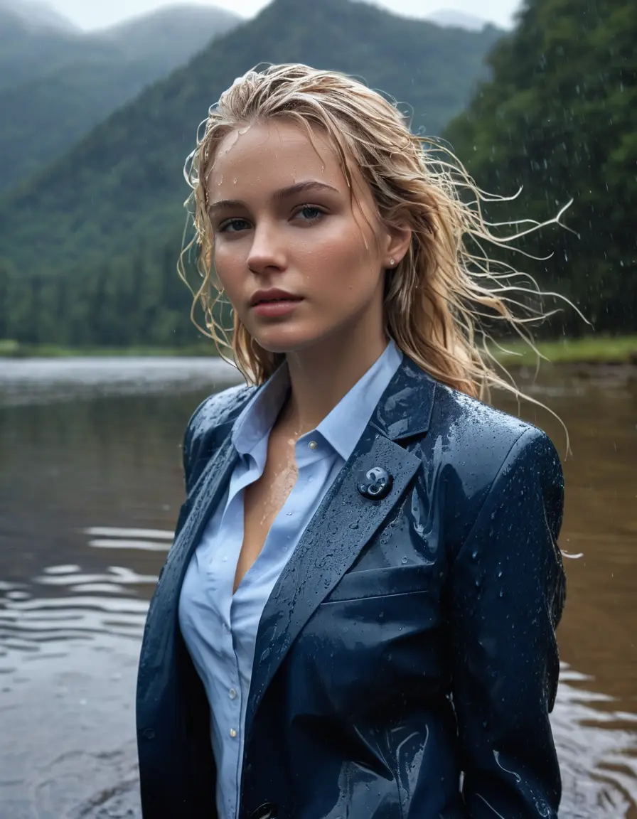 photo of young woman, in soaking wet, drenched clothes,
Dark Blue Business Trouser, Dark Blue Business Suit Jacket with Light Blue button down business shirt longsleeve, Clear Mountain lake with heavy rain, 
enjoying, wet clothes stuck to body,
detailed textures of the wet clothes, wet face, wet plastered hair,
wet, drenched, professional, high-quality details, full body view.
sharp focus, ultra-high pixel detail, realistic, high-quality, full colors, incredibly detailed, 4k, 8k, 16k, hyper-realistic, RAW photo, masterpiece, ultra-detailed, professionally color graded, professional photograph, young elegant white blonde haired beautiful women, breast deep submerged, under a big rainshower, fully clothed, completely soaked, fully drenched, completely wet, wetlook, heavy rain, side parting, open hair, long hair, rain storm, looks confidently into camera