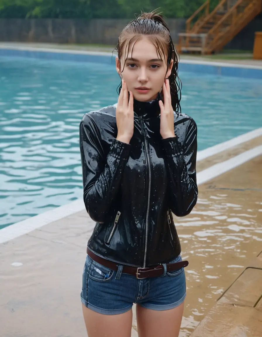 photo of young woman, in soaking wet, drenched clothes,
ankle boots , super skin tight denim jeans, slim fit black biker leatherjacket, tight grey knit turtleneck sweater, handbag , fifteen years old horny blonde teenage girl with her girlfriend holds her hand over her mouth and nose lies completely submerged in pool partly underwater up to the neck at party in a crowded waterpark, completely wet from the rain, open mouth, big eyes, 
enjoying, wet clothes stuck to body,
detailed textures of the wet clothes, wet face, wet plastered hair,
wet, drenched, professional, high-quality details, full body view.
sharp focus, ultra-high pixel detail, realistic, high-quality, full colors, incredibly detailed, 4k, 8k, 16k, hyper-realistic, RAW photo, masterpiece, ultra-detailed, professionally color graded, professional photograph, fifteen years old, completely soaked, completely dripping wet, very wet clothes, sleek long straight hair, sleek ponytail, worried and embarrassed facial expression, slight yawn, moaning,  all girls wear different styles of clothes, take a handbag into the water, a lot of people stands in the background, close-up, view from above, highly realistic representation, ultra sharp focus, highly photorealistic detailed facial features and expressions, highly photorealistic hands, highly best quality, highly sharp photorealistic image, highly photorealistic details, highest photorealistic wet clothes, full UHD resolution, highest photorealistic sharpness of the image, 32 K