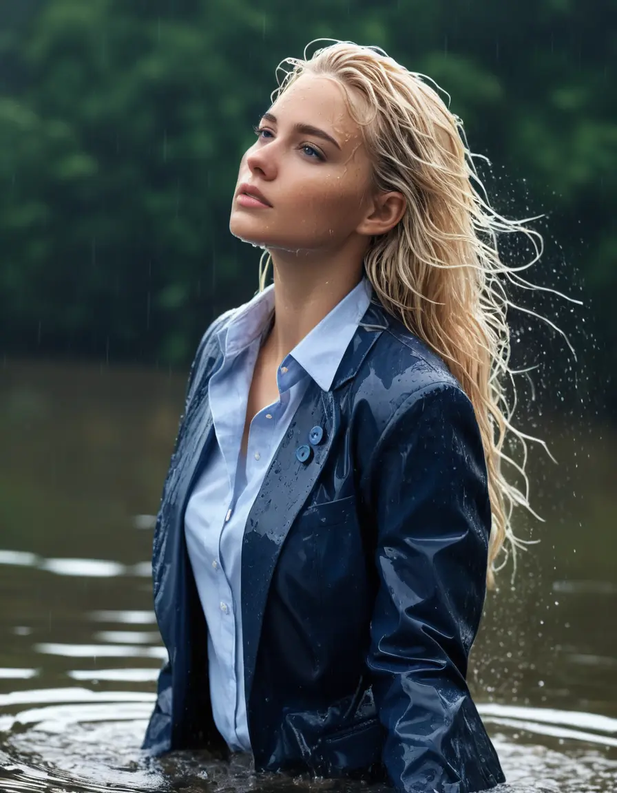 photo of young woman, in soaking wet, drenched clothes,
Dark Blue Business Trouser, Dark Blue Business Suit Jacket with Light Blue button down business shirt longsleeve, Clear Mountain lake with heavy rain, 
enjoying, wet clothes stuck to body,
detailed textures of the wet clothes, wet face, wet plastered hair,
wet, drenched, professional, high-quality details, full body view.
sharp focus, ultra-high pixel detail, realistic, high-quality, full colors, incredibly detailed, 4k, 8k, 16k, hyper-realistic, RAW photo, masterpiece, ultra-detailed, professionally color graded, professional photograph, young elegant white blonde haired beautiful women, breast deep submerged, under a big rainshower, fully clothed, completely soaked, fully drenched, completely wet, wetlook, heavy rain, side parting, open hair, long hair, rain storm, looks confidently into camera