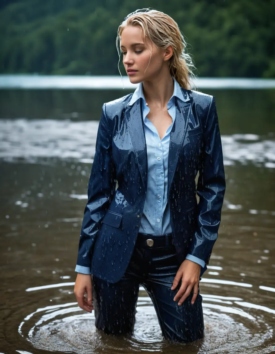 photo of young woman, in soaking wet, drenched clothes,
Dark Blue Business Trouser, Dark Blue Business Suit Jacket with Light Blue button down business shirt longsleeve, Clear Mountain lake with heavy rain, 
enjoying, wet clothes stuck to body,
detailed textures of the wet clothes, wet face, wet plastered hair,
wet, drenched, professional, high-quality details, full body view.
sharp focus, ultra-high pixel detail, realistic, high-quality, full colors, incredibly detailed, 4k, 8k, 16k, hyper-realistic, RAW photo, masterpiece, ultra-detailed, professionally color graded, professional photograph, young elegant white blonde haired beautiful women, breast deep submerged, under a big rainshower, fully clothed, completely soaked, fully drenched, completely wet, wetlook, heavy rain, side parting, open hair, long hair, rain storm, looks confidently into camera