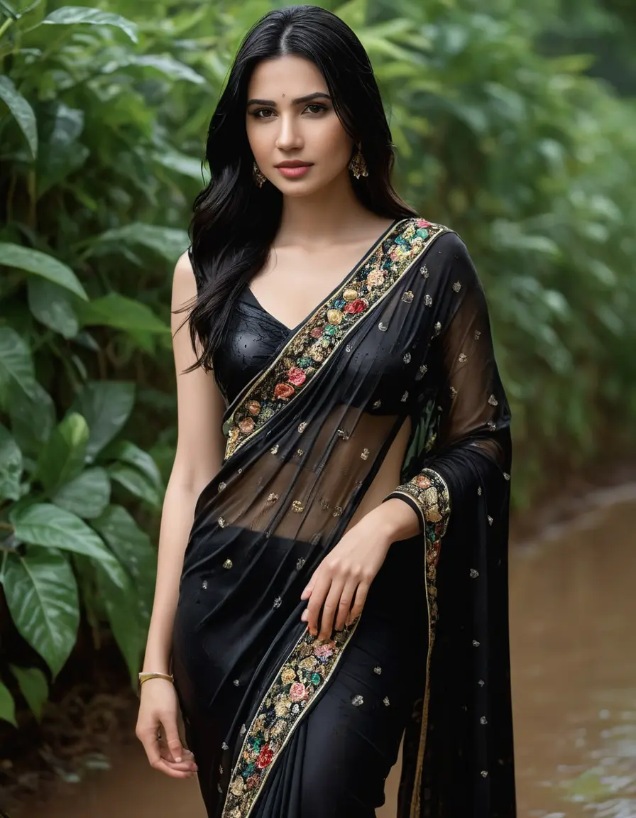 photo of young woman, in soaking wet, drenched clothes,
Stilletto heels, Silk pants, Embroidery,  long black Saree skin tight , Well ,grope another female , 
enjoying, wet clothes stuck to body,
detailed textures of the wet clothes, wet face, wet plastered hair,
wet, drenched, professional, high-quality details, full body view.
sharp focus, ultra-high pixel detail, realistic, high-quality, full colors, incredibly detailed, 4k, 8k, 16k, hyper-realistic, RAW photo, masterpiece, ultra-detailed, professionally color graded, professional photograph, Straight open  wavy hairstyle , , pear shaped body,  wrist watch, thin necklace t ,  , no make up, 